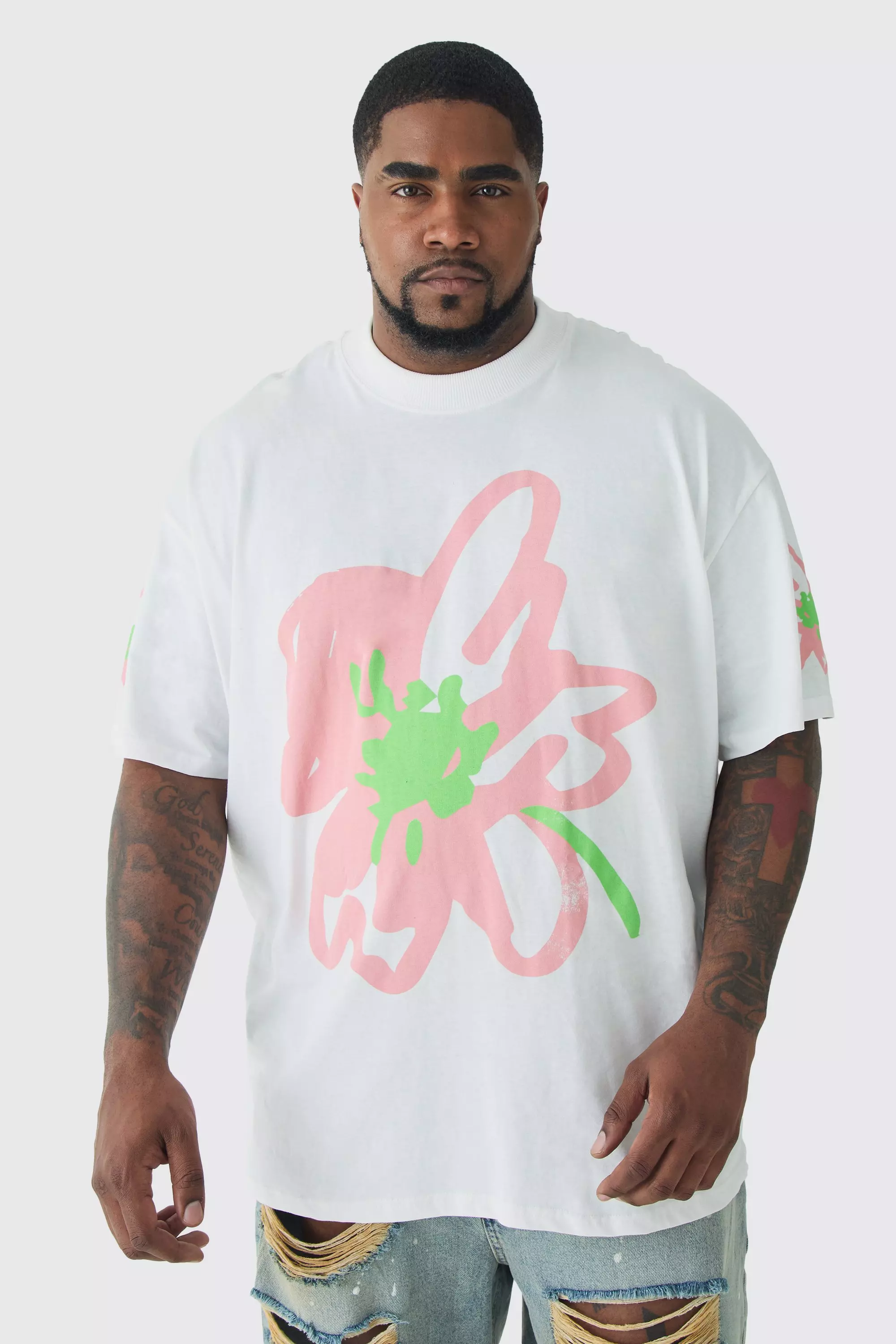 White Plus Oversized Floral Doodle Print T-shirt