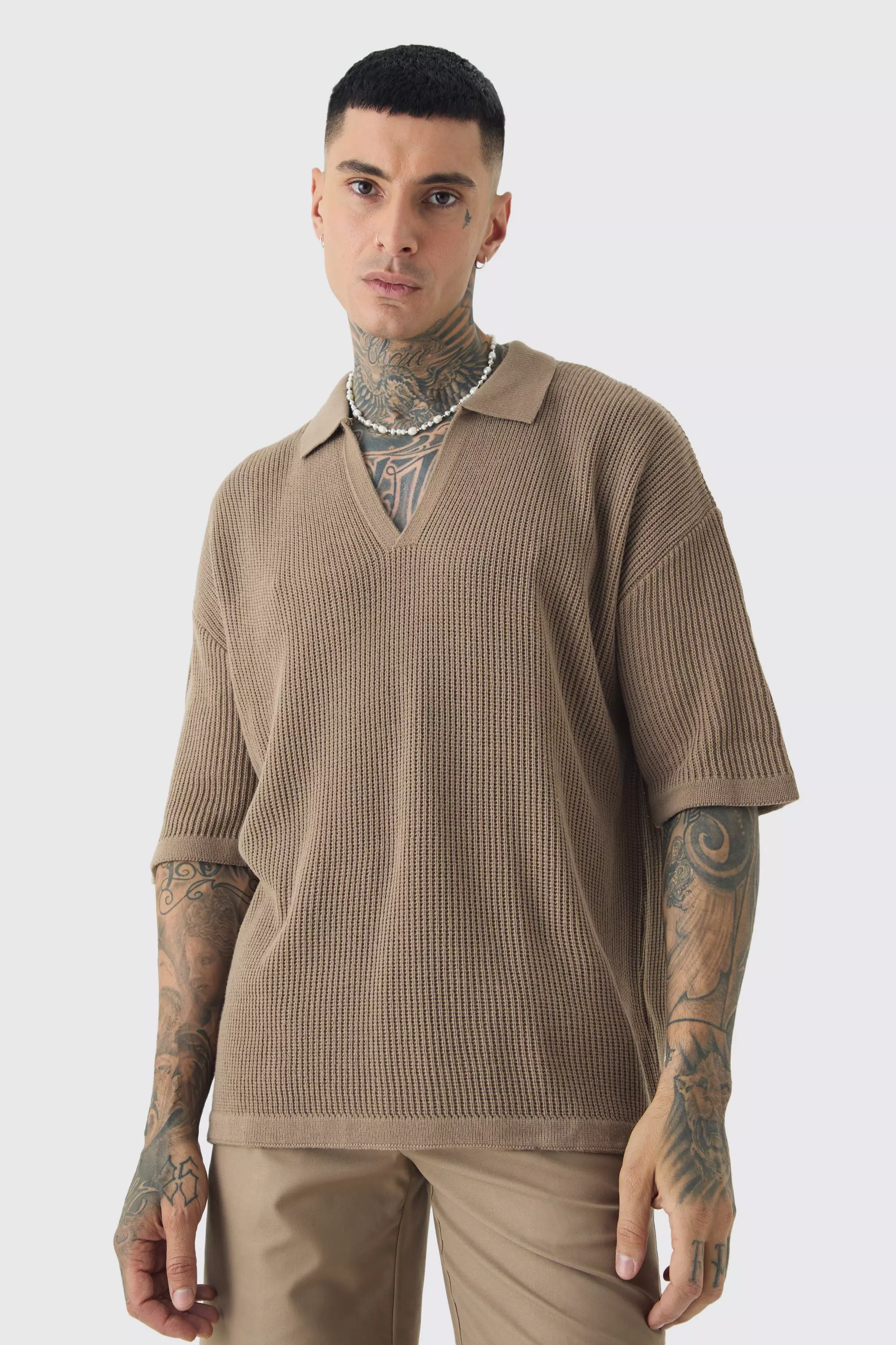 Tall Boxy Short Sleeve Ribbed Knit Polo Taupe