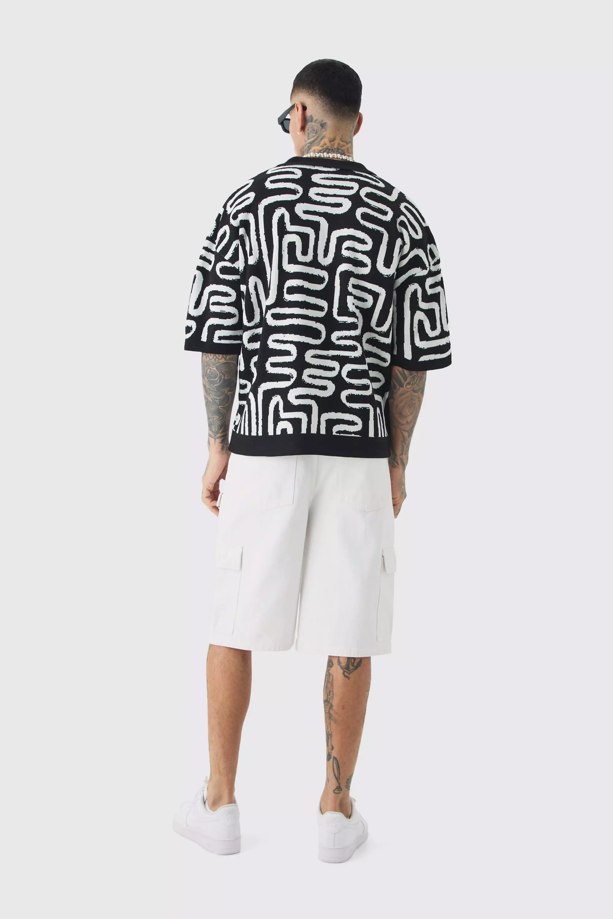 Tall Boxy Oversized Abstract Knit Polo | boohooMAN USA