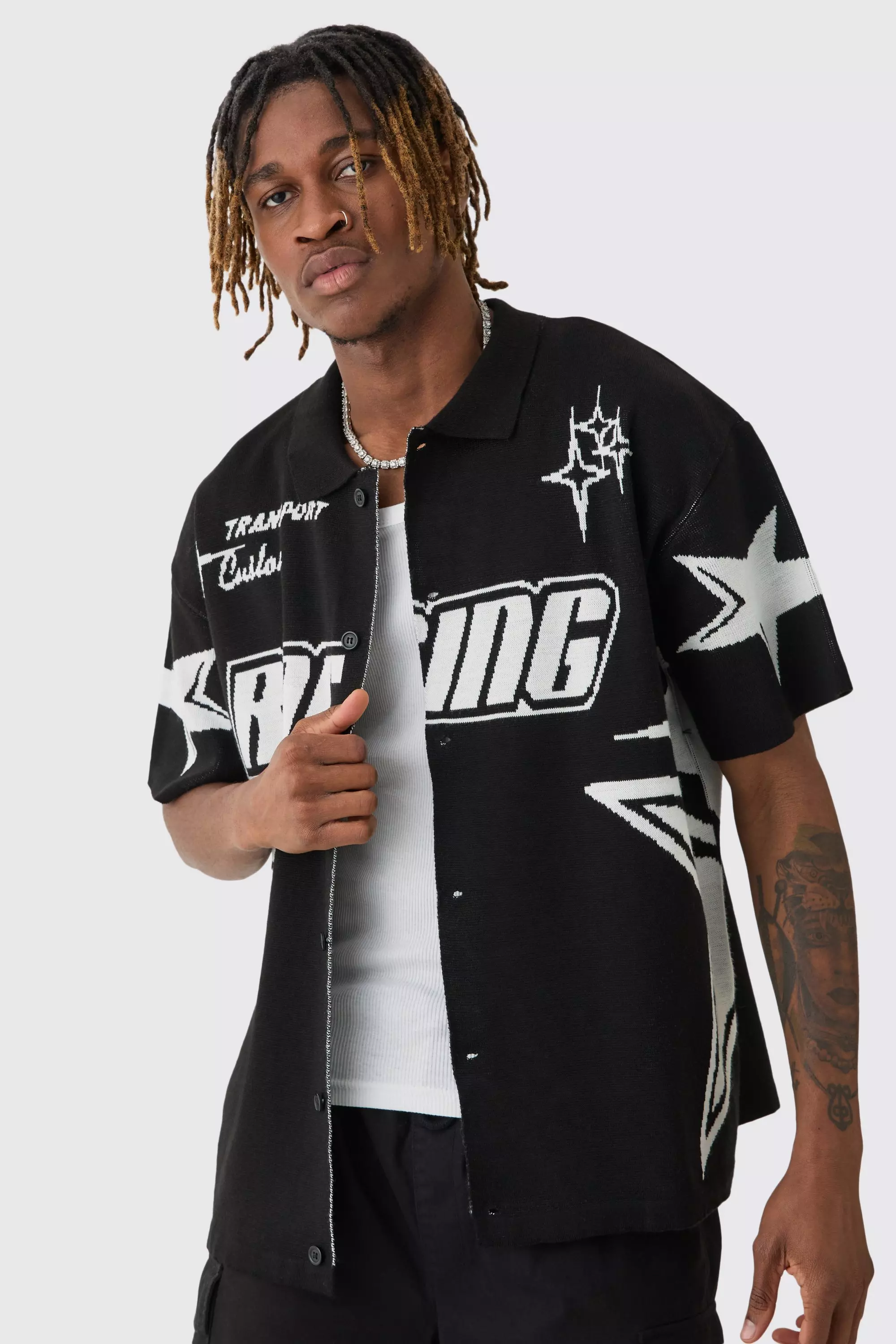Black Tall Boxy Fit Knitted Moto Shirt alternative image