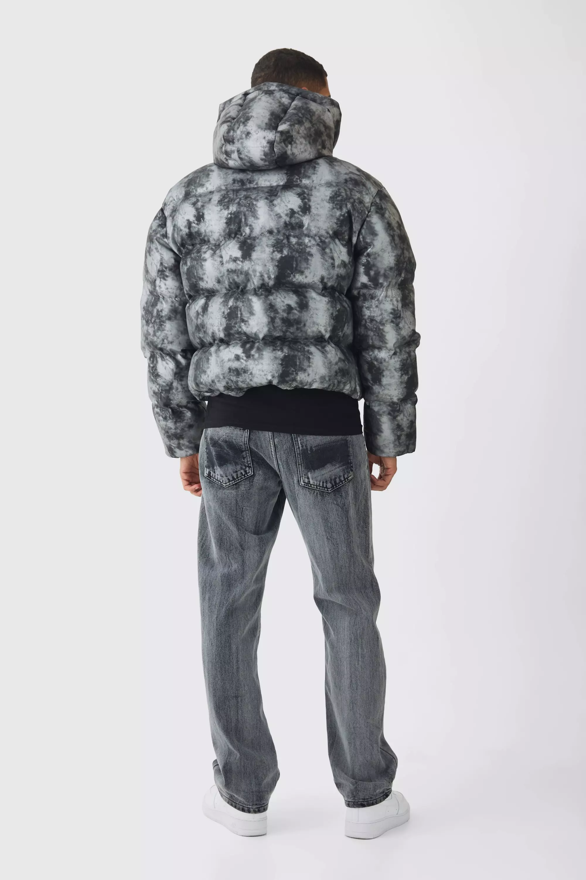 Boxy Washed Hooded Puffer Jacket In Grey alternative image