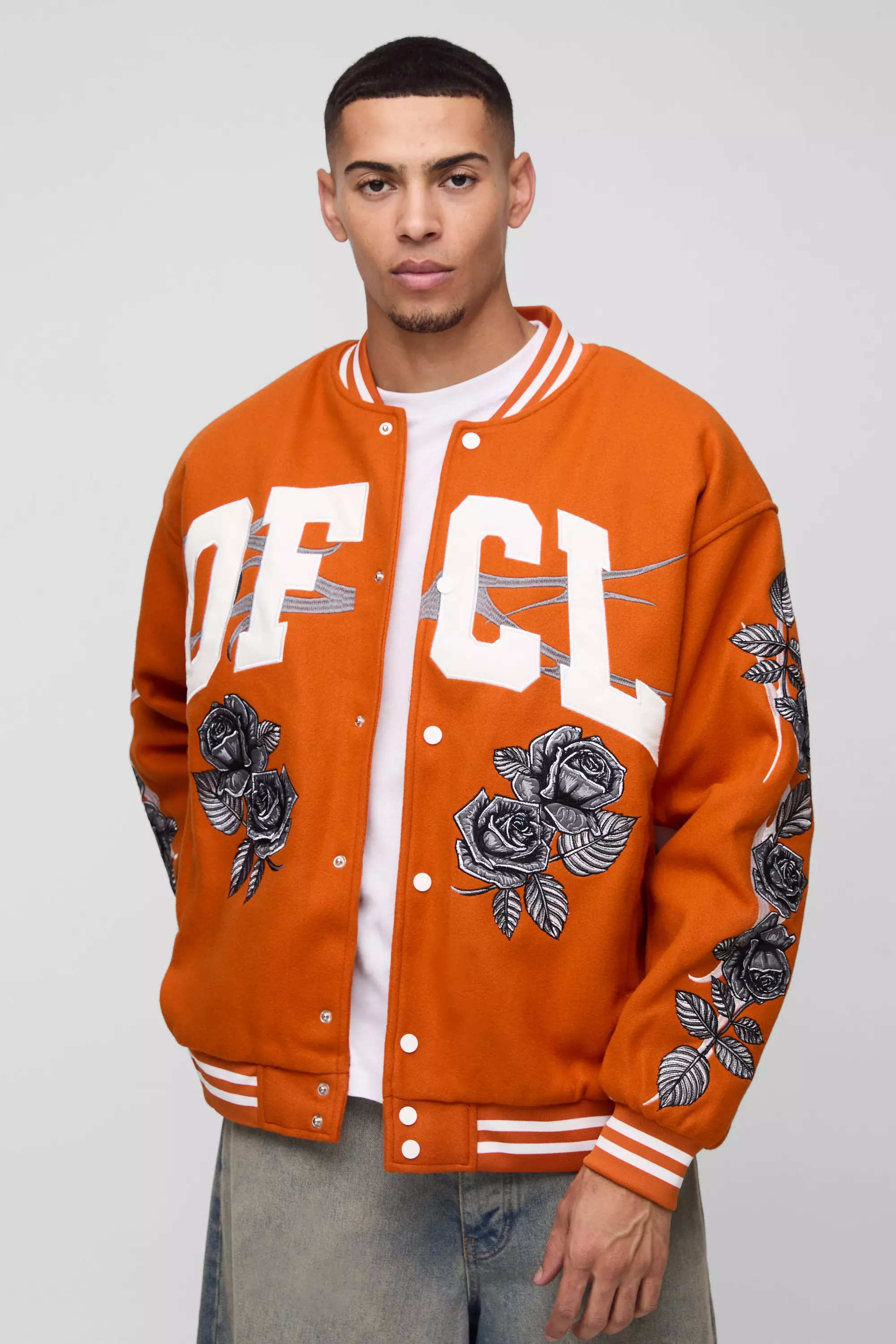 Orange Oversized Ofcl Rose Varsity Jacket In Orange