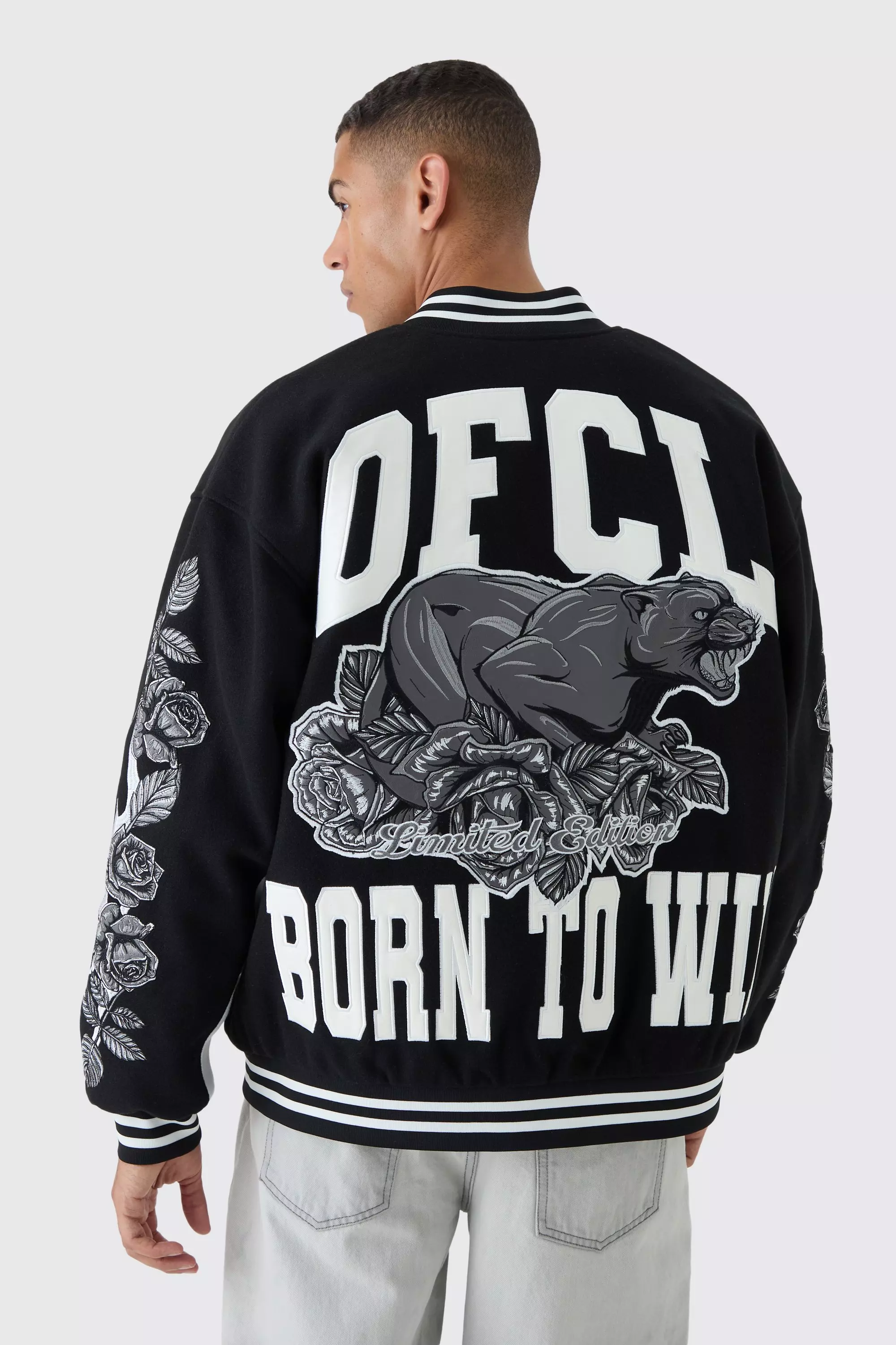 Oversized OFCL Rose Varsity Jacket In Black Black