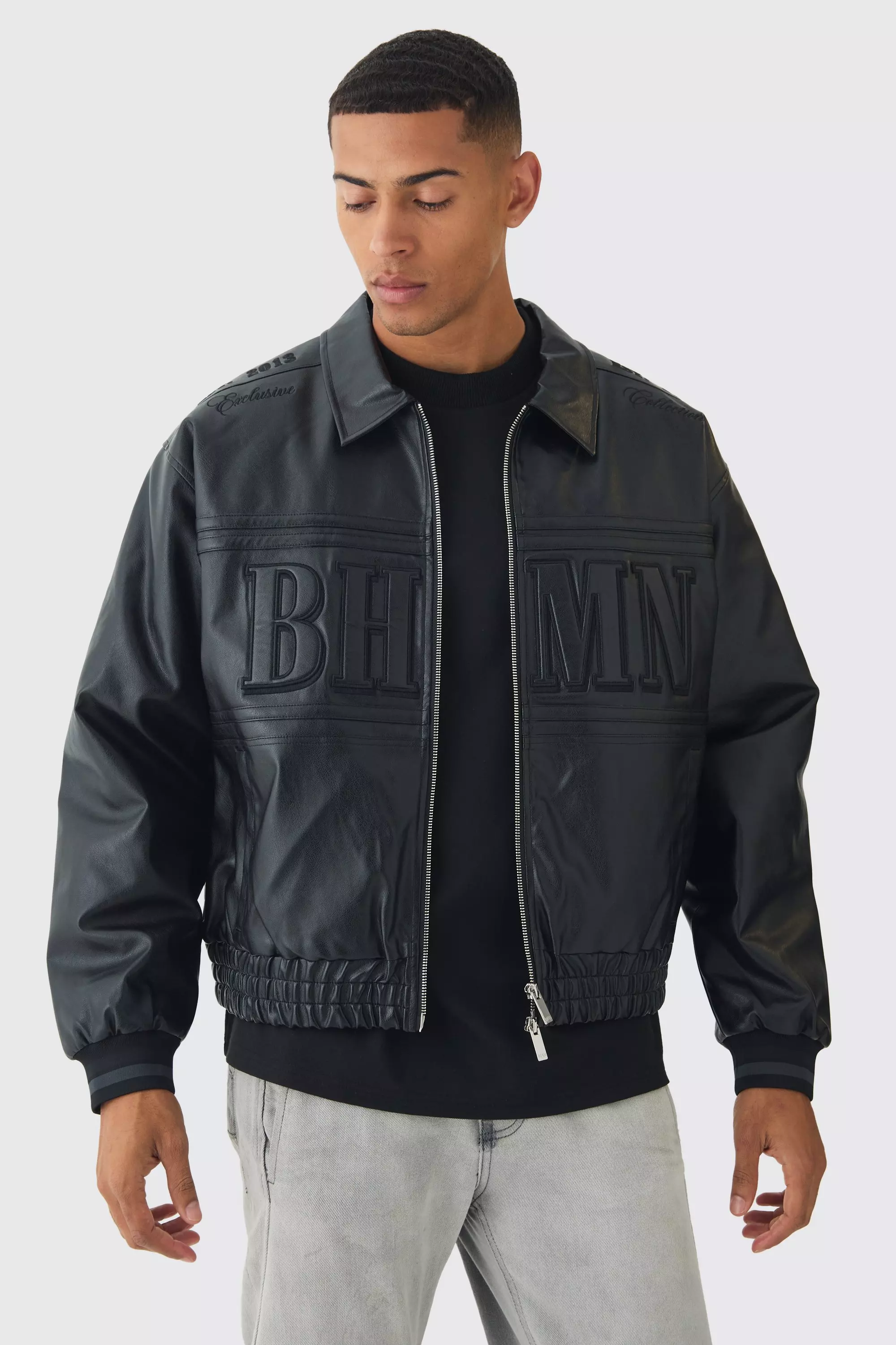 Oversized Boxy Badge PU Bomber Jacket Black