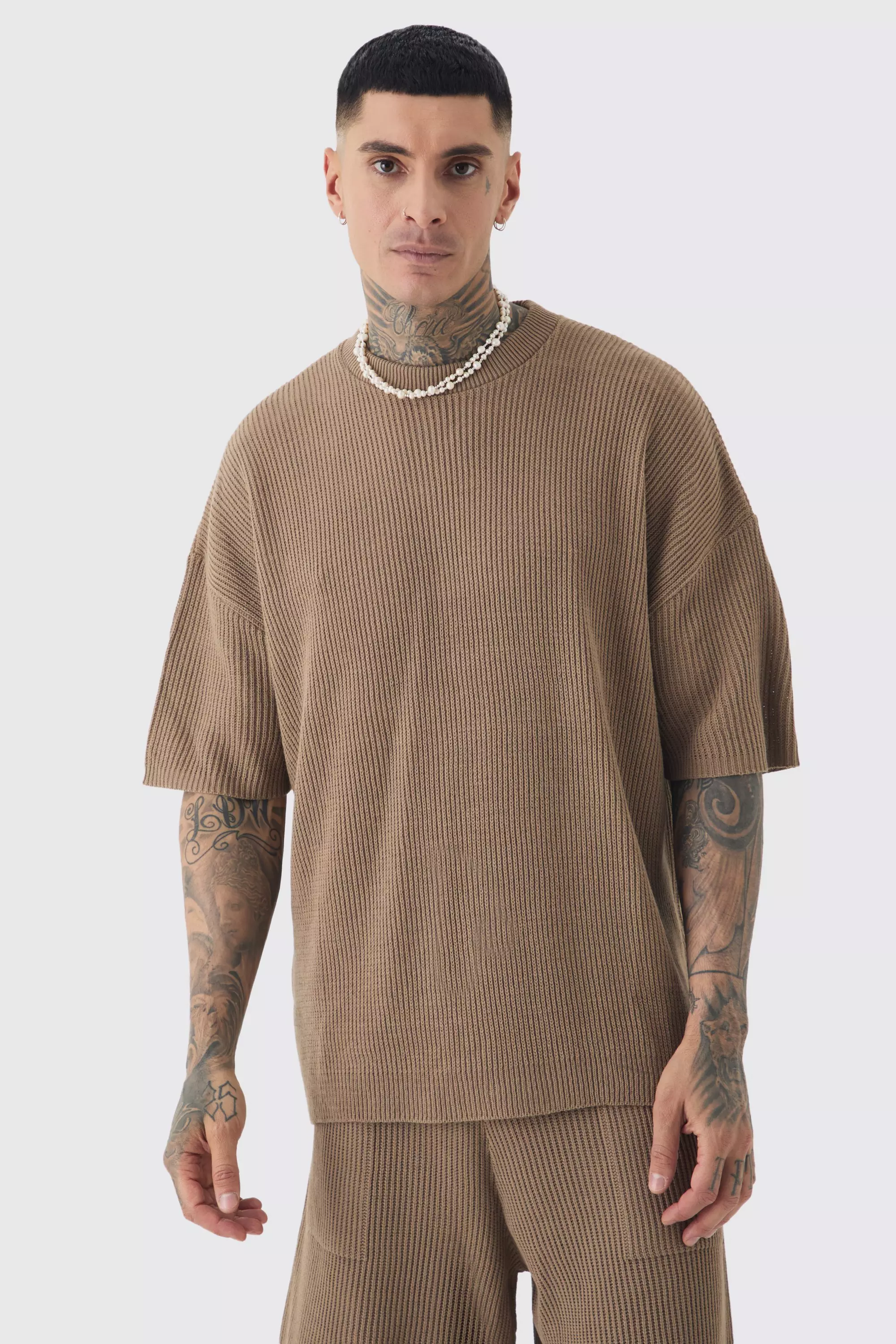 Tall Oversized Ribbed Knit T-shirt Taupe