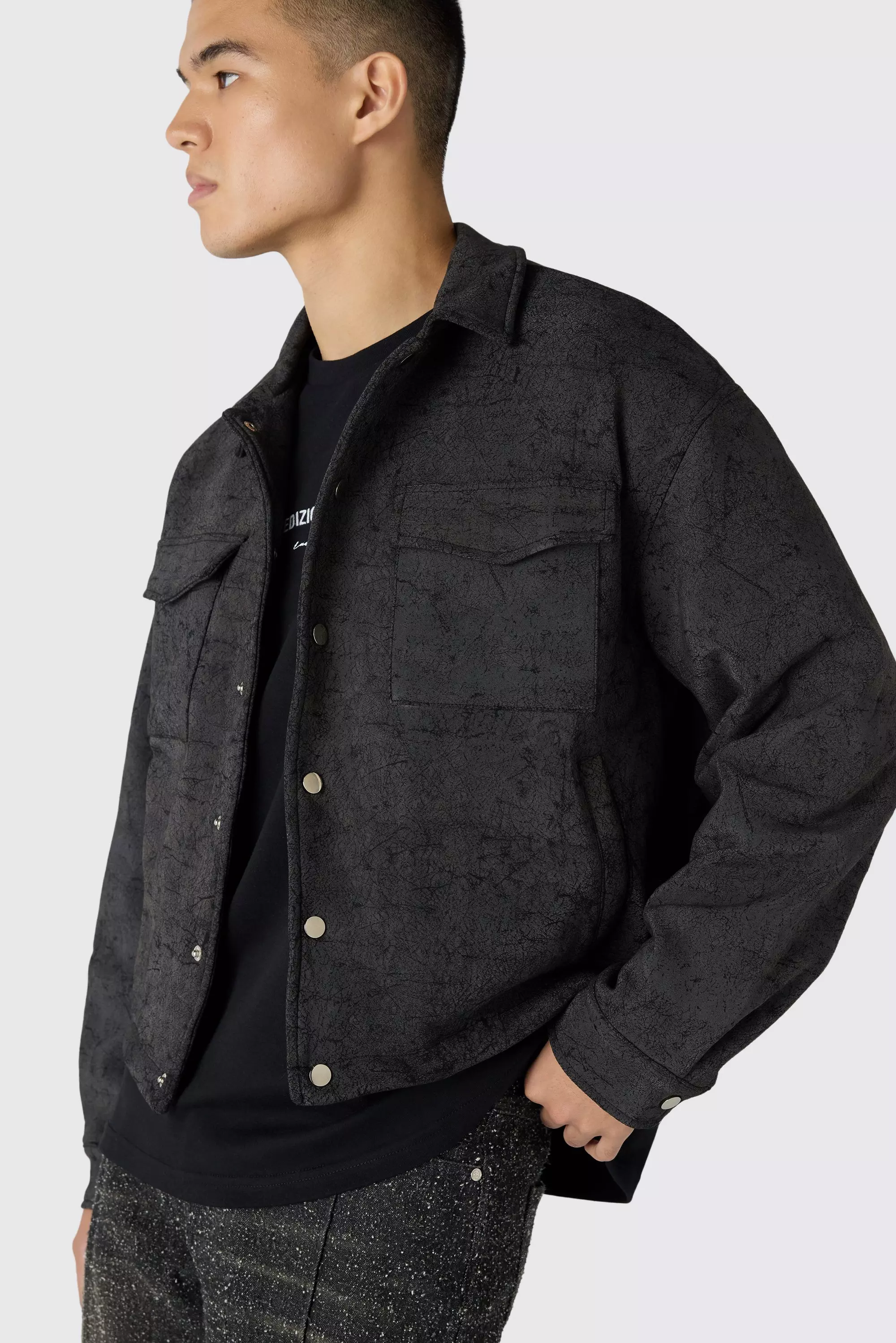 Black Boxy Cracked Effect Faux Suede Harrington In Black