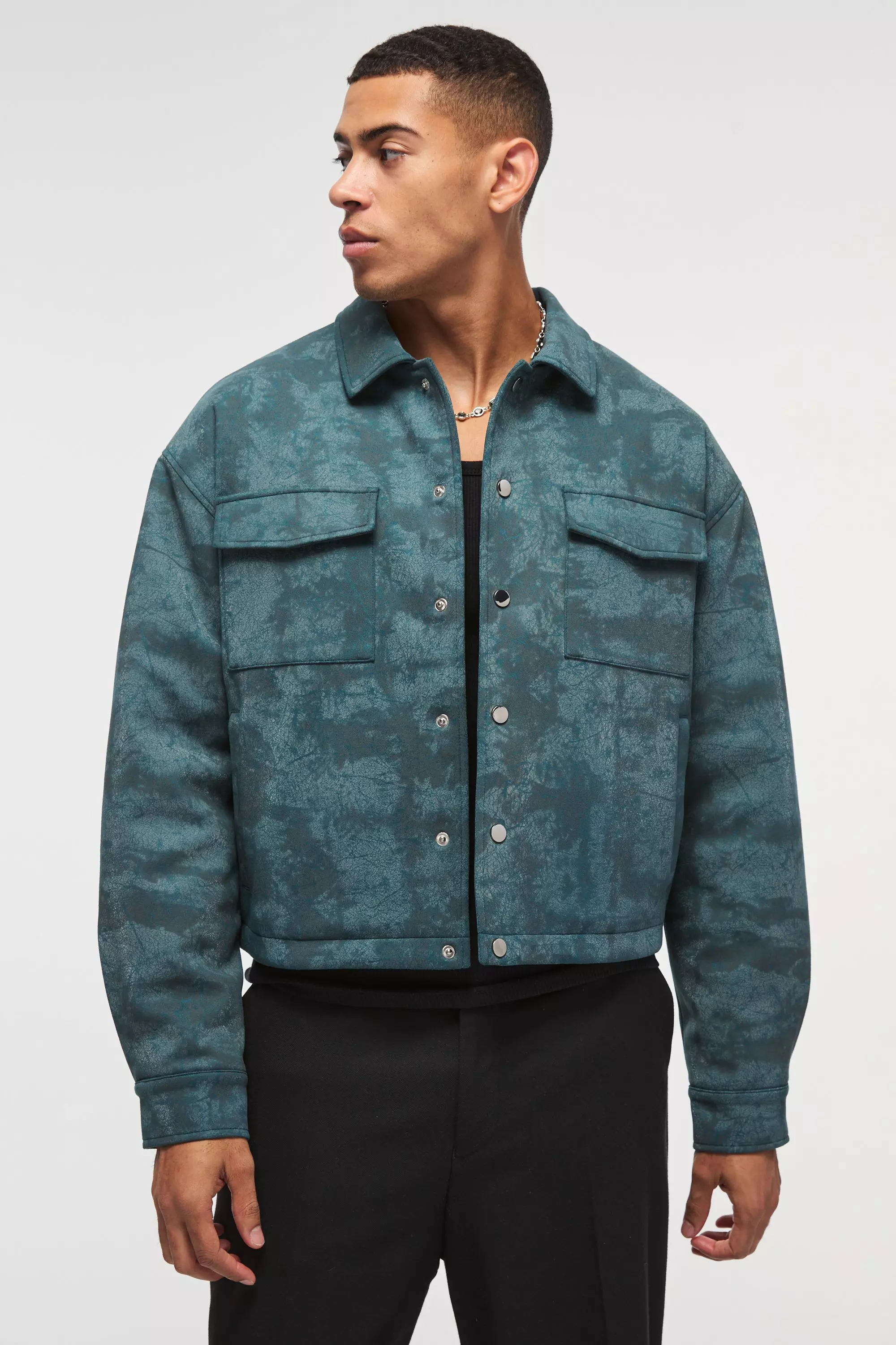 Green Boxy Cracked Effect Faux Suede Harrington In Green