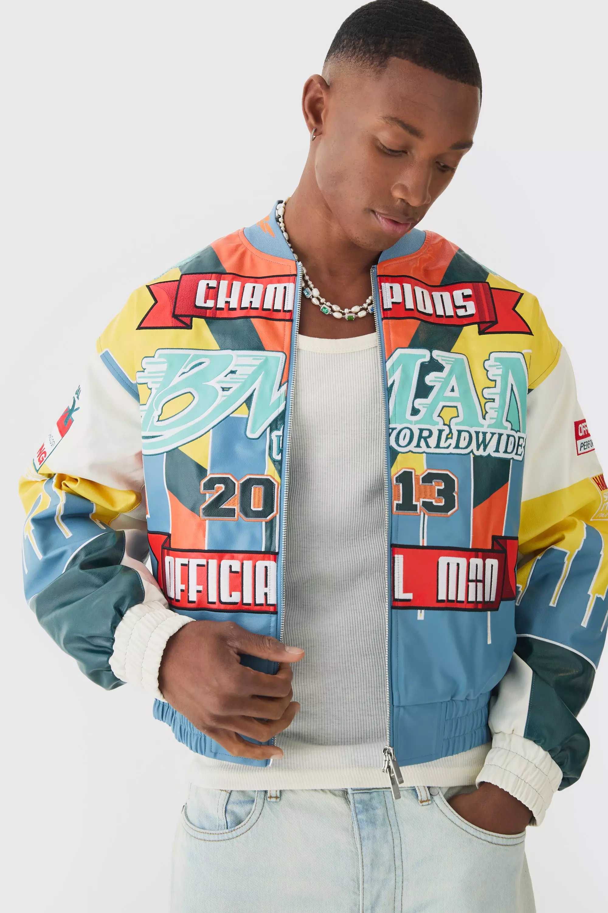 Boxy Official Man Pu Varsity Jacket | boohooMAN USA
