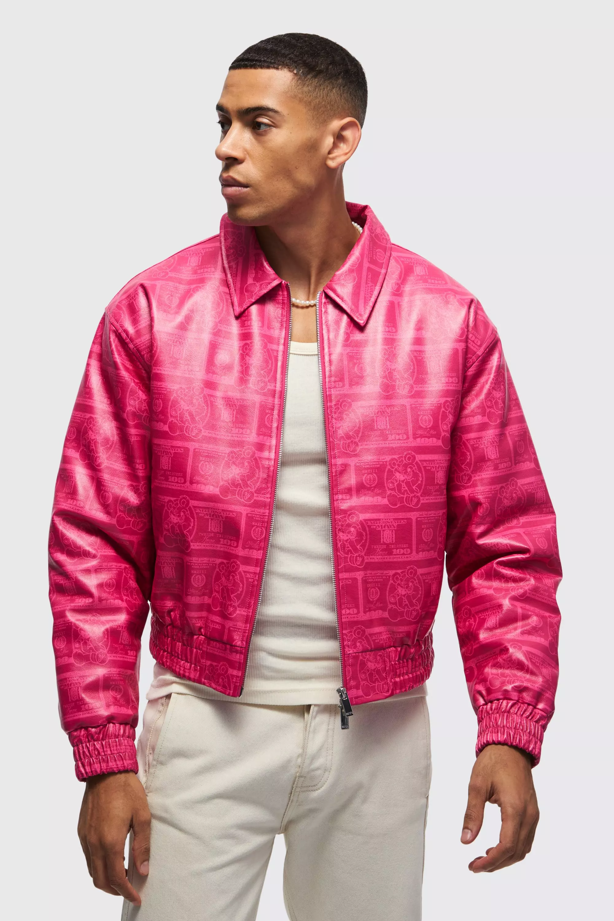 Pink Boxy Dollar Print PU Bomber In Pink