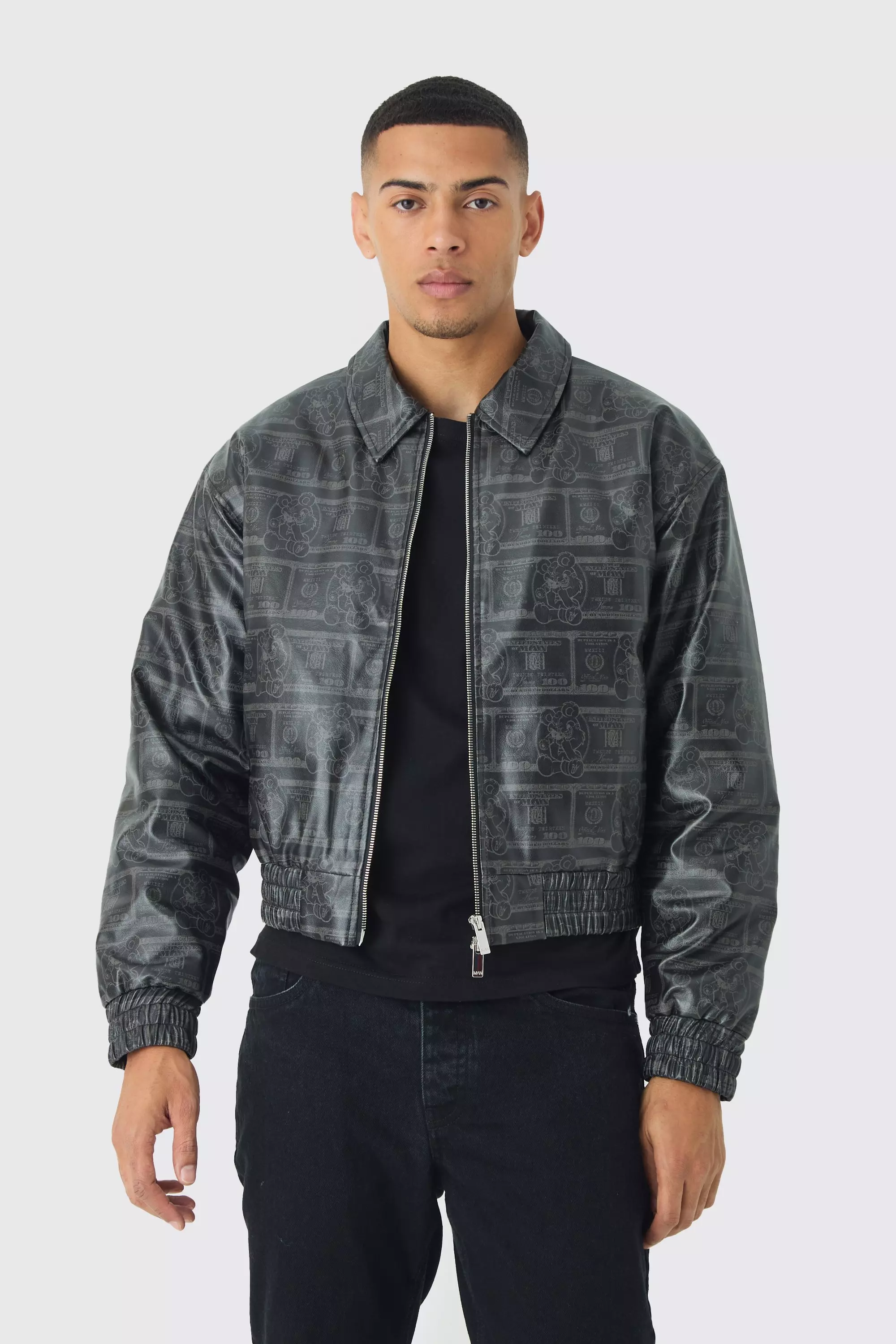 Kastige PU-Bomberjacke mit Dollar-Print, Black alternatives Bild