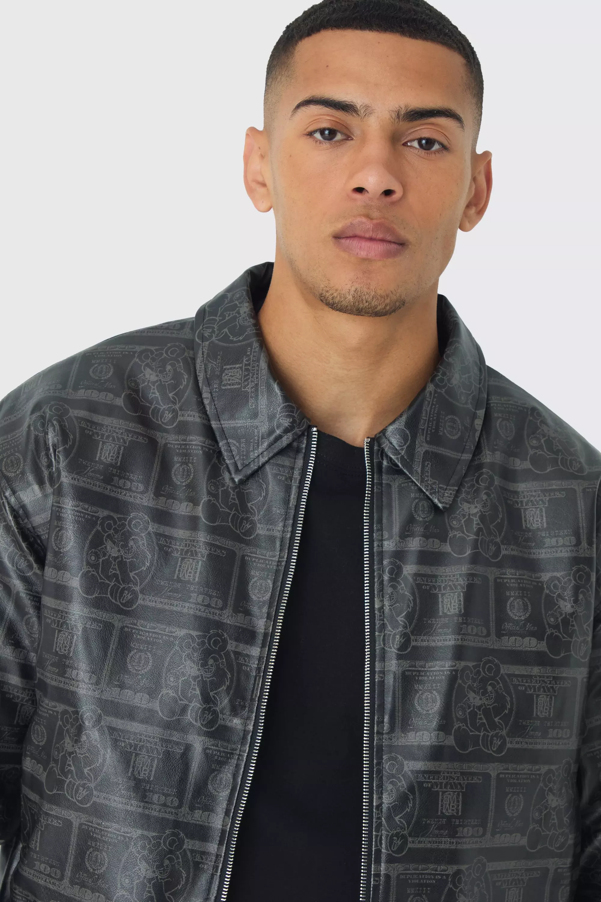 Kastige PU-Bomberjacke mit Dollar-Print, Black alternatives Bild