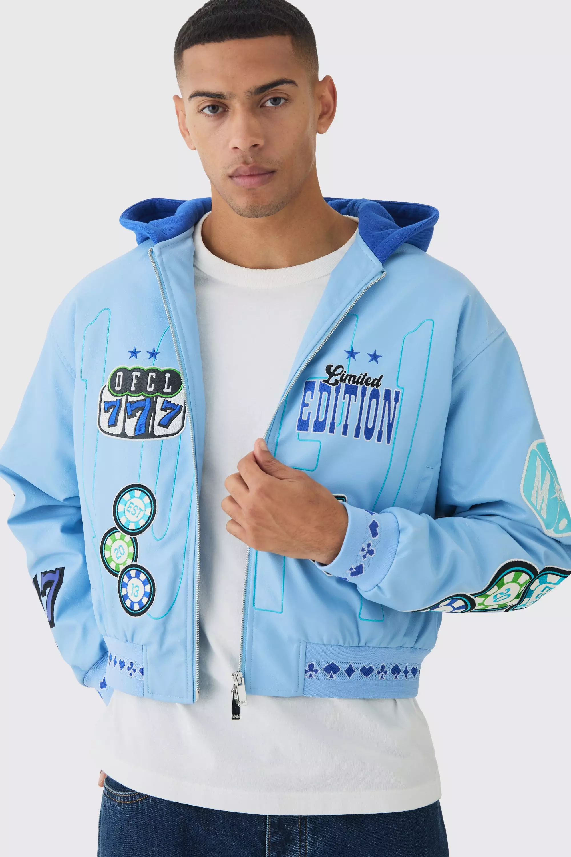 Blue Boxy Hooded Casino Badge Bomber Jacket In Blue