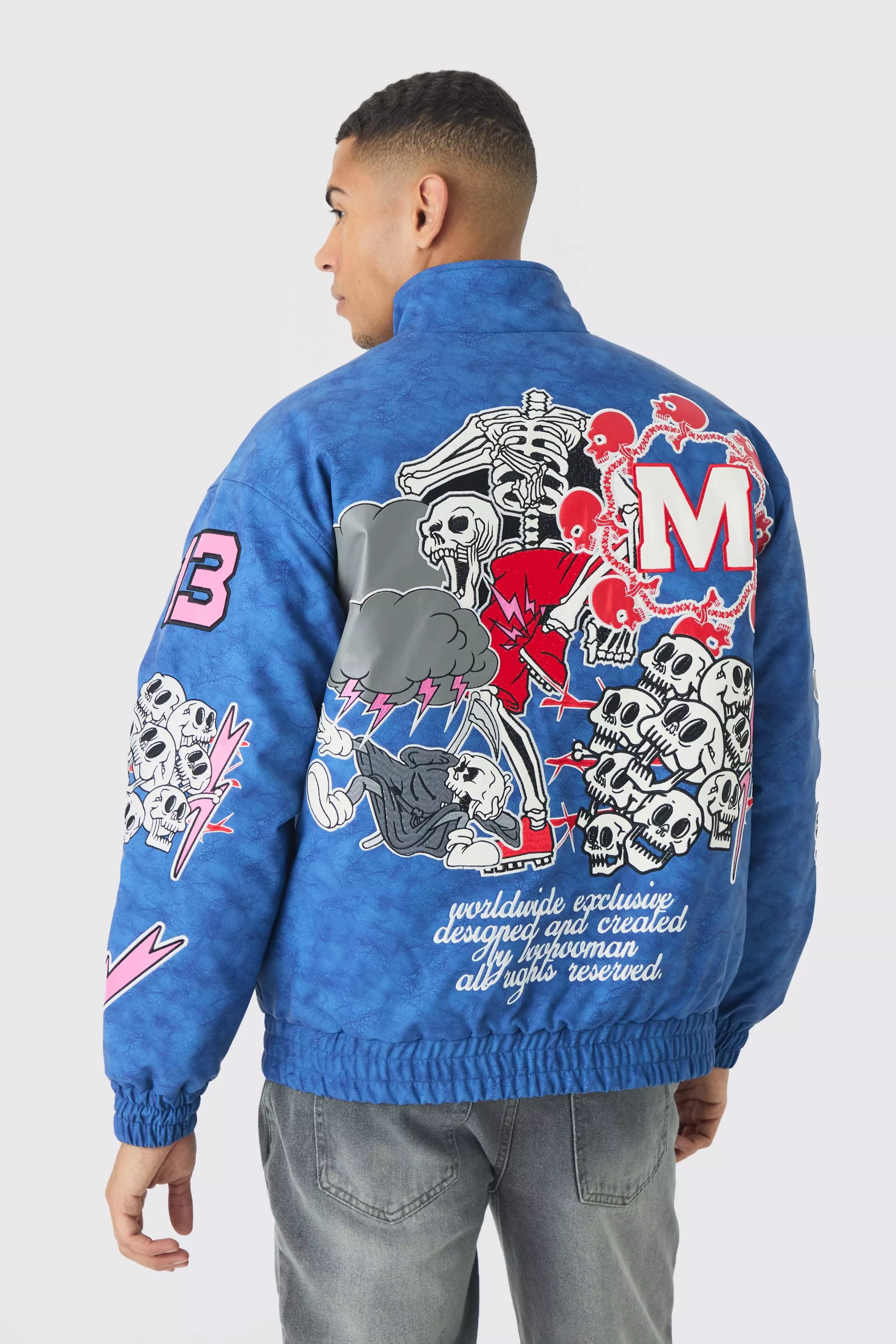 Oversized Graphic Badge Washed PU Bomber Jacket In Blue Blue