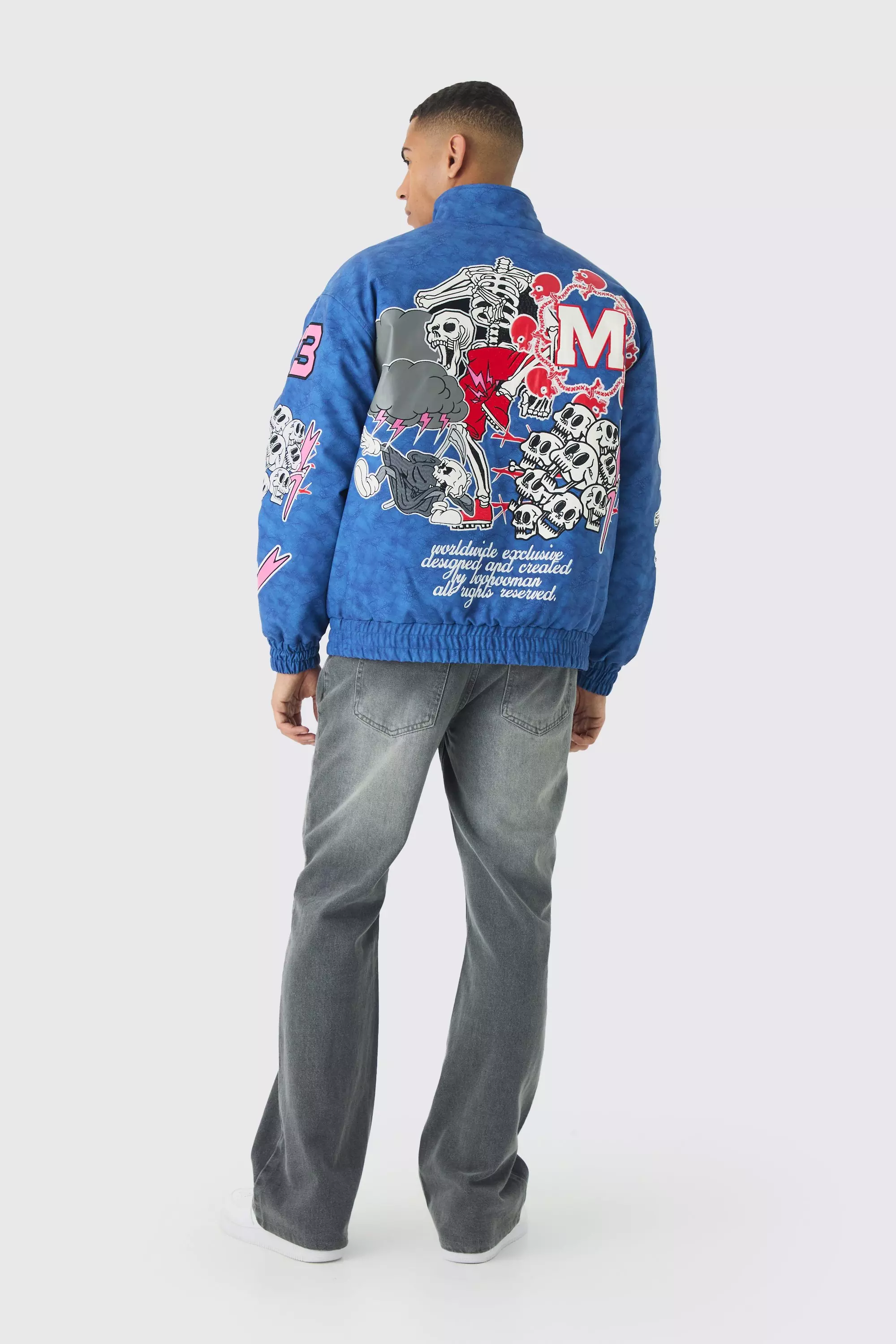 Oversized Graphic Badge Washed PU Bomber Jacket In Blue
