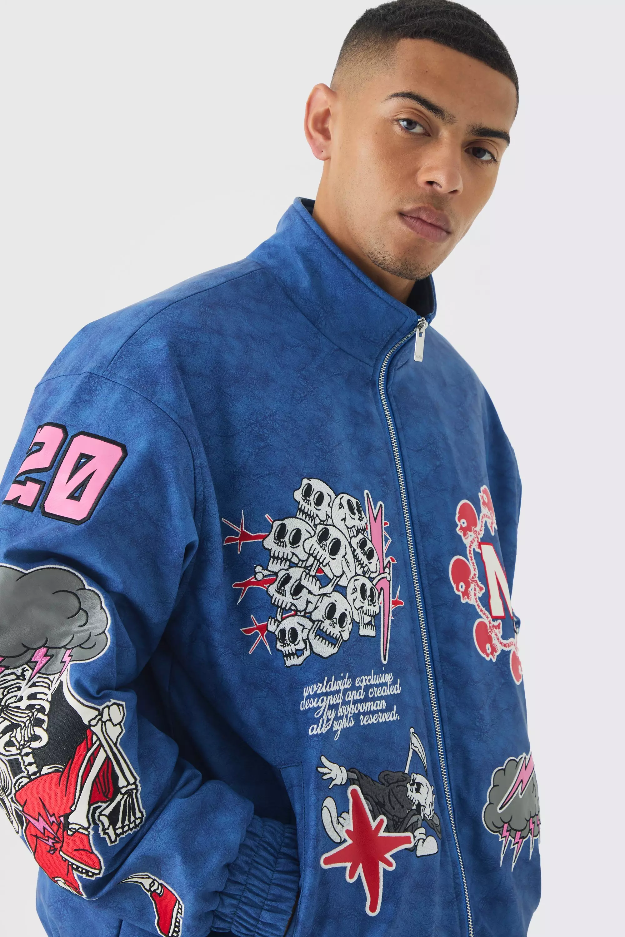 Oversized Graphic Badge Washed PU Bomber Jacket In Blue