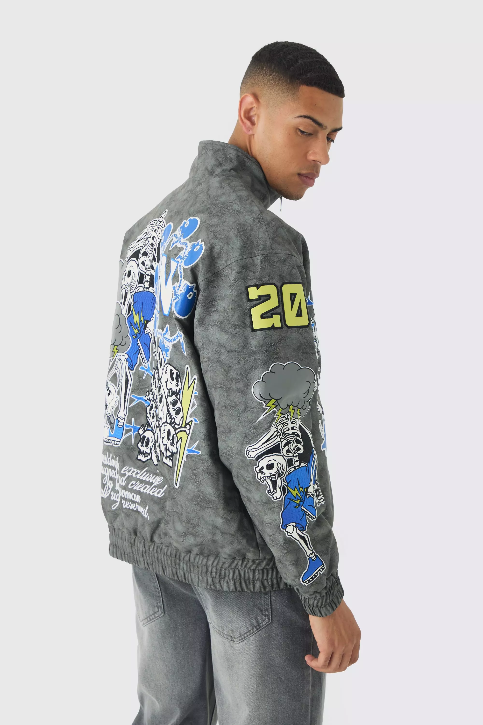 Oversized Graphic Badge Washed PU Bomber Jacket In Charcoal Charcoal