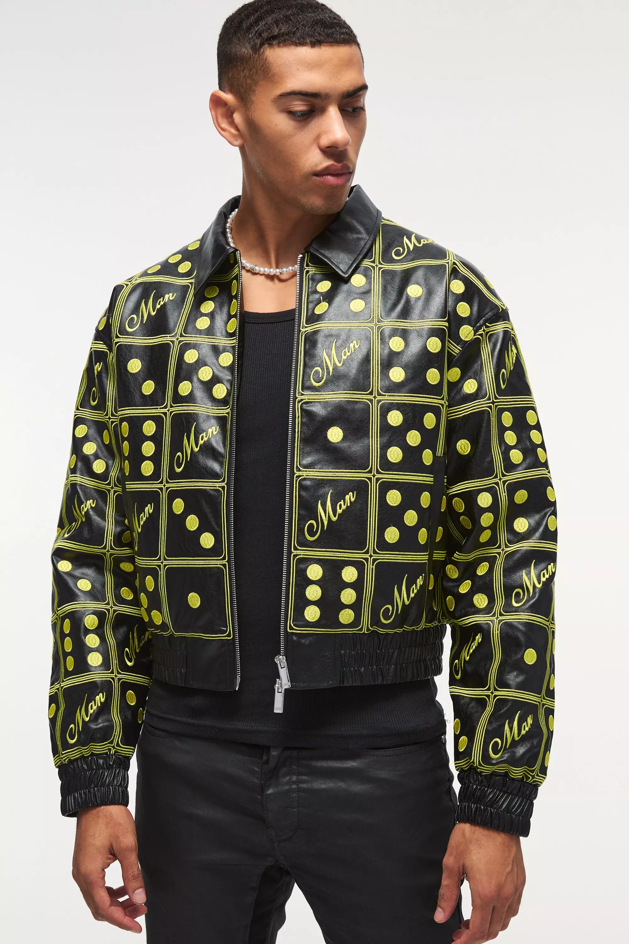 Boxy Man Dice Embroidered PU Bomber Jacket In Black Black