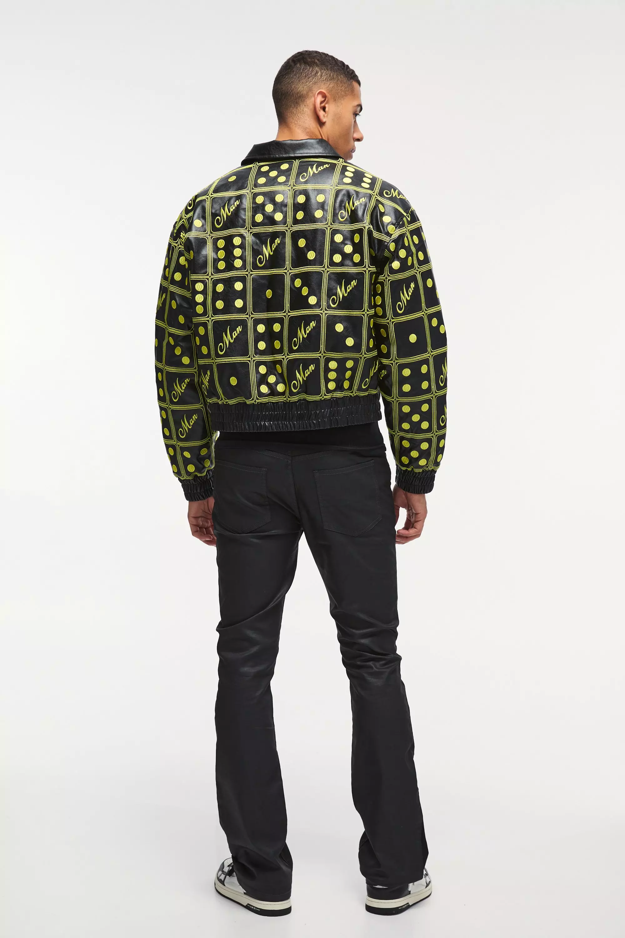 Boxy Man Dice Embroidered PU Bomber Jacket In Black alternative image