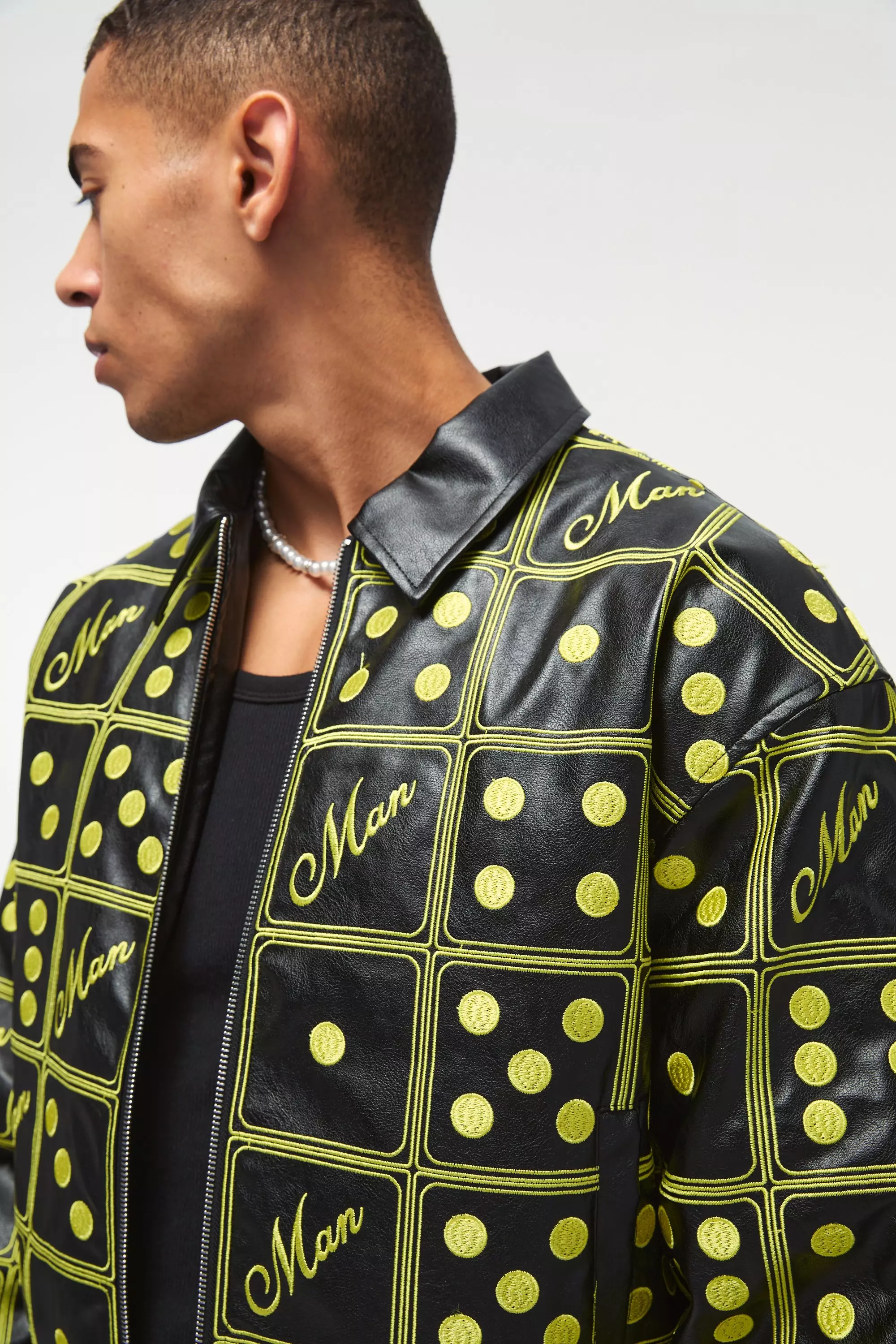 Boxy Man Dice Embroidered PU Bomber Jacket In Black alternative image
