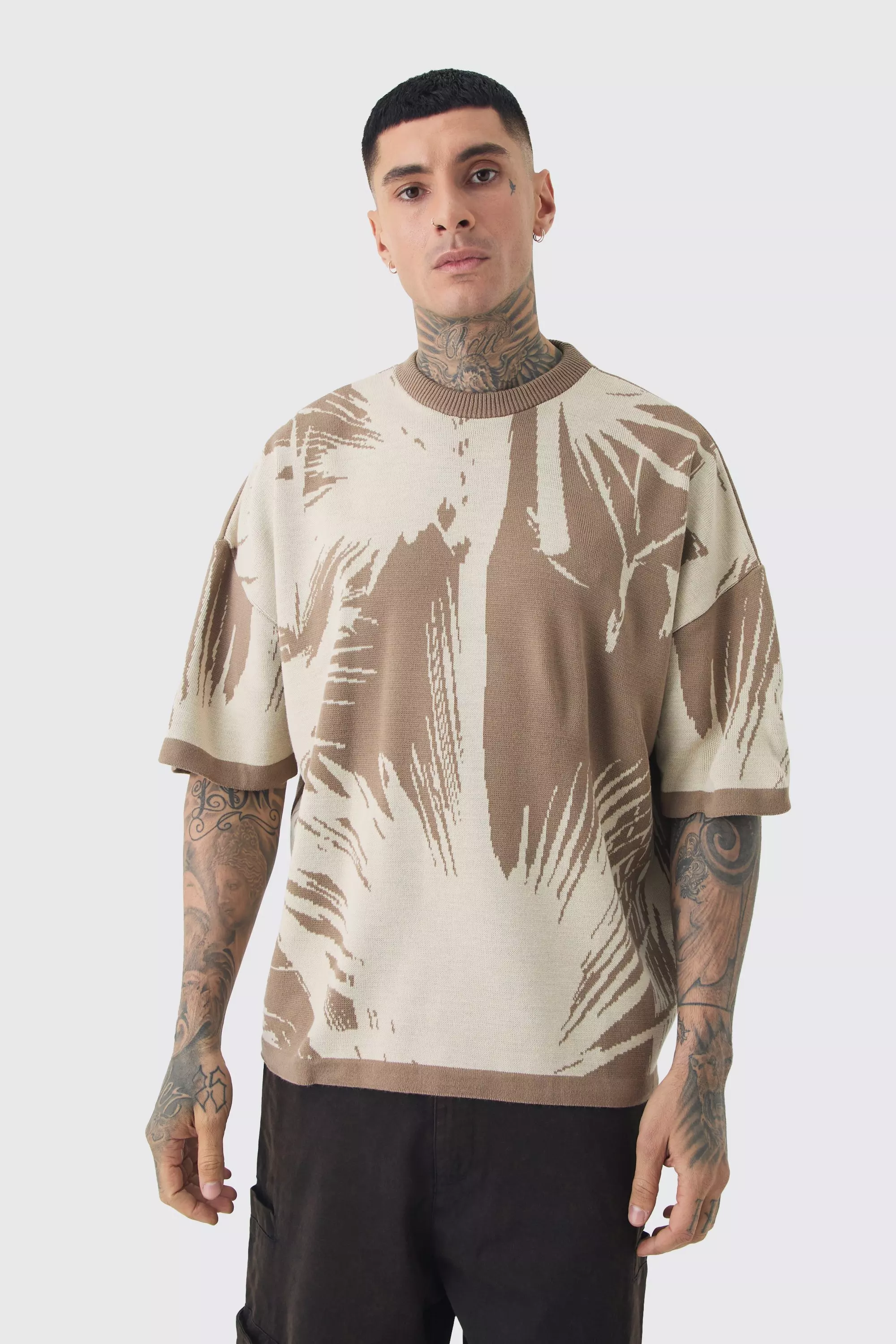 Tall Oversized Tonal Abstract Drawing Knitted T-shirt Taupe