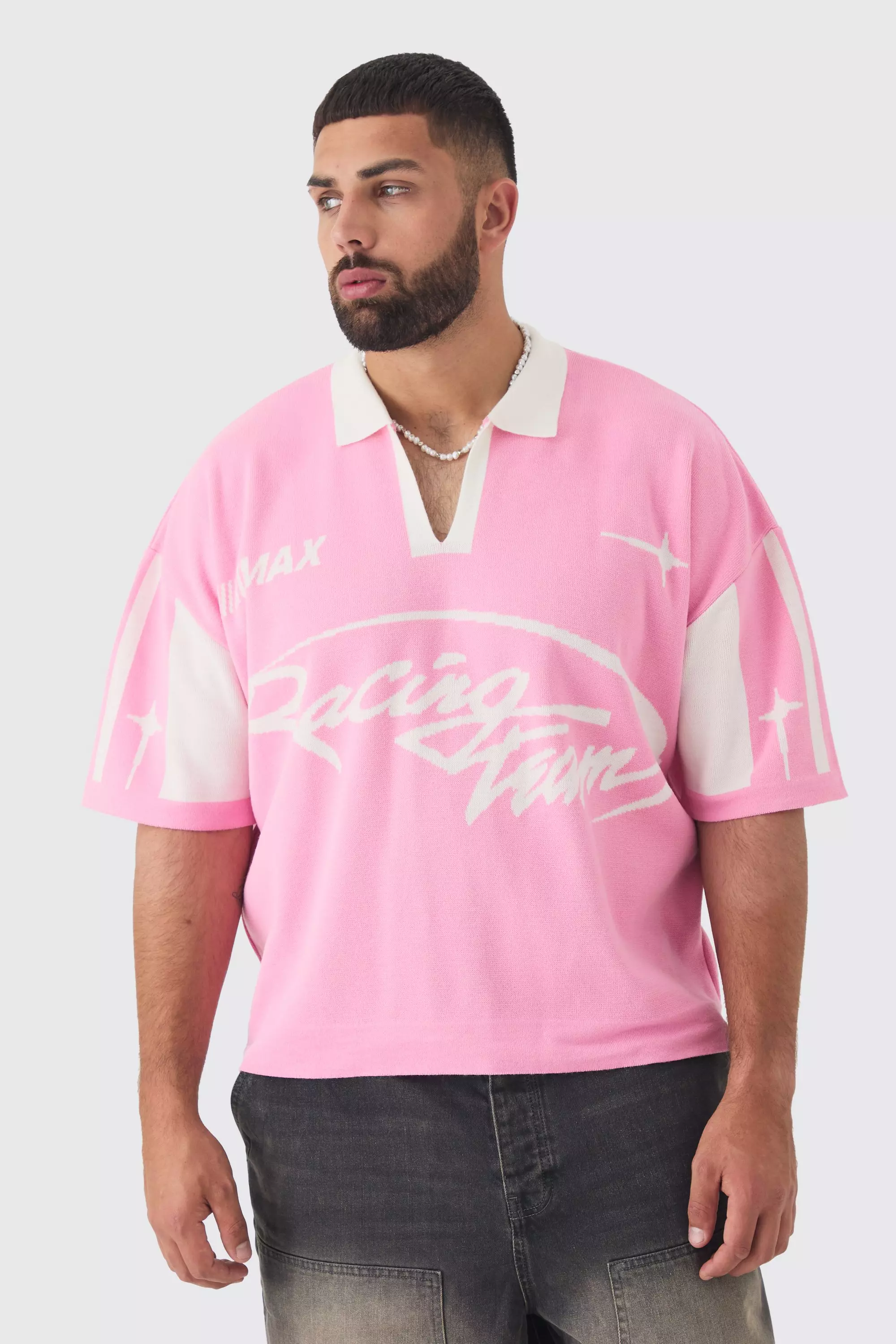 Plus Boxy Moto Knitted Polo Pink