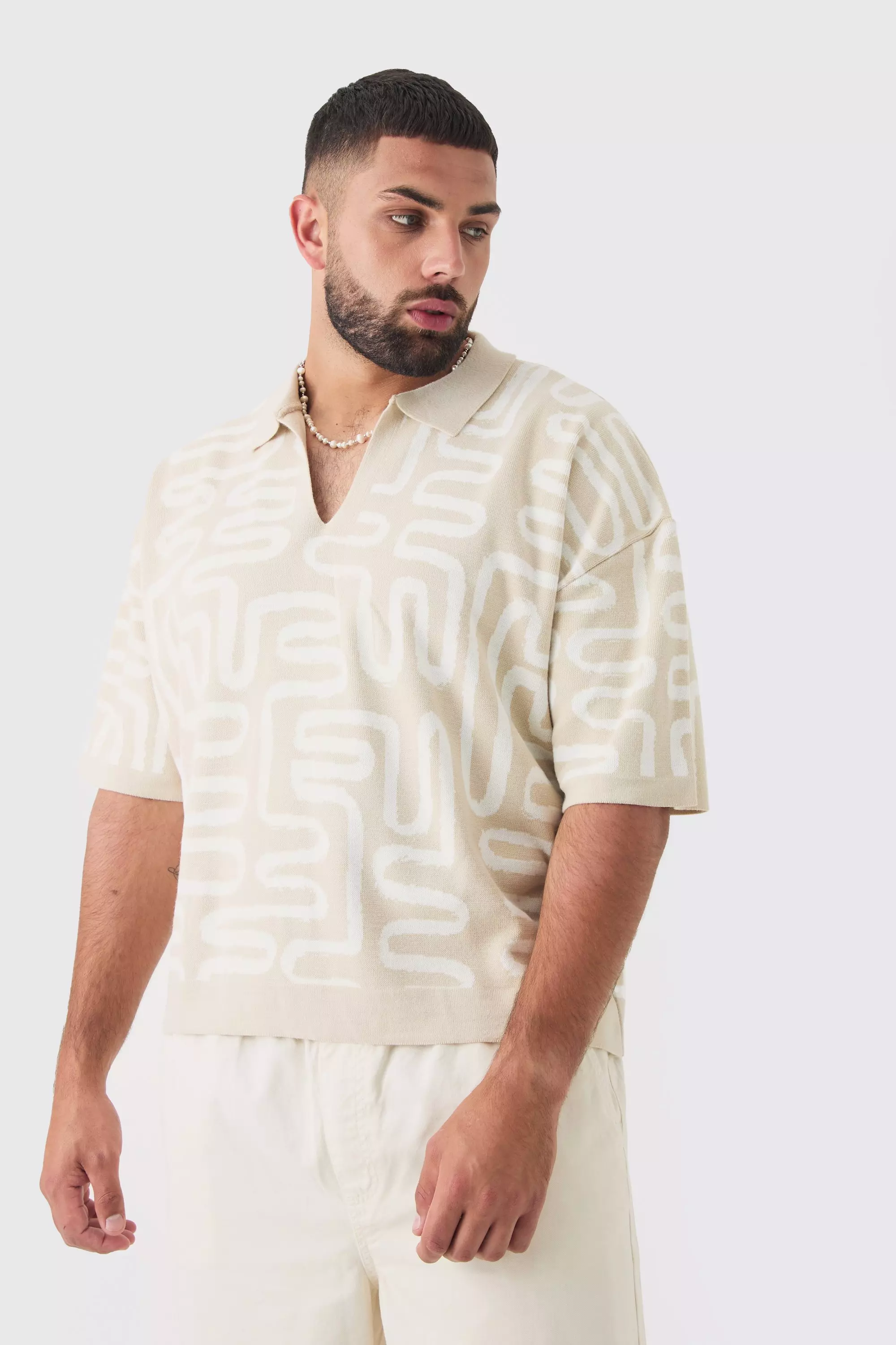 Plus Boxy Oversized Abstract Knit Polo Stone