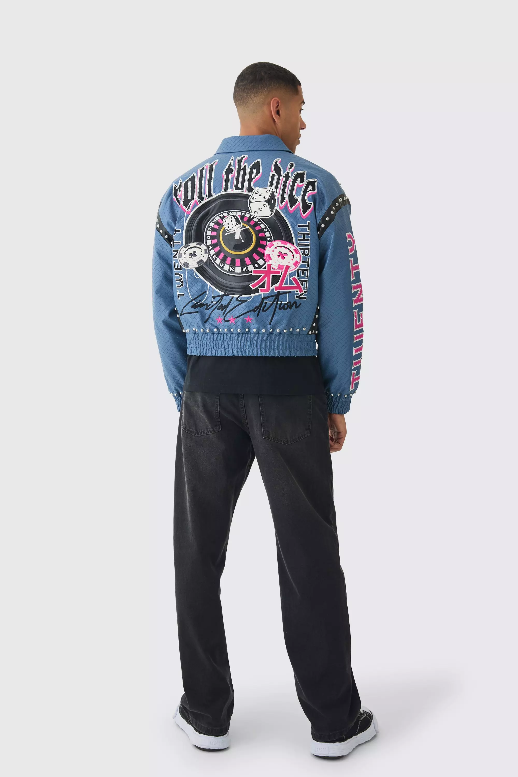 Boxy Dice Weave PU Studded Bomber Jacket In Blue | boohooMAN USA