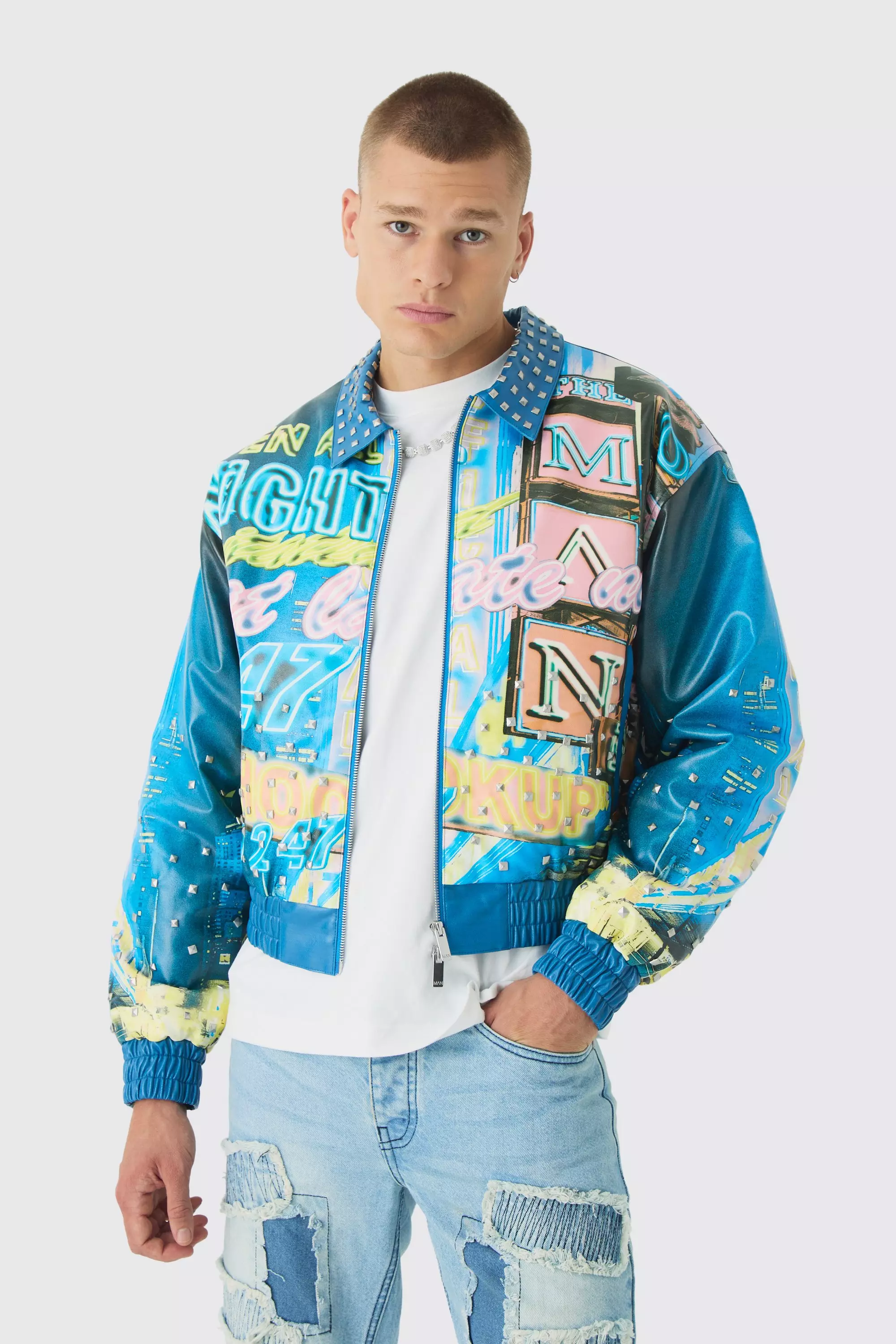 Blue Boxy Stud Detail Printed Collared PU Bomber Jacket In Blue