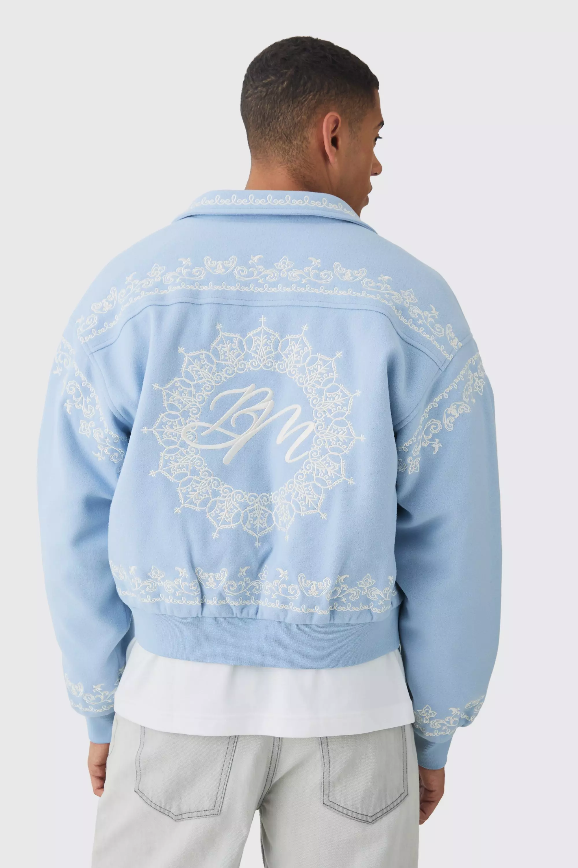 Blue Boxy Bm Embroidered Collared Bomber Jacket In Blue