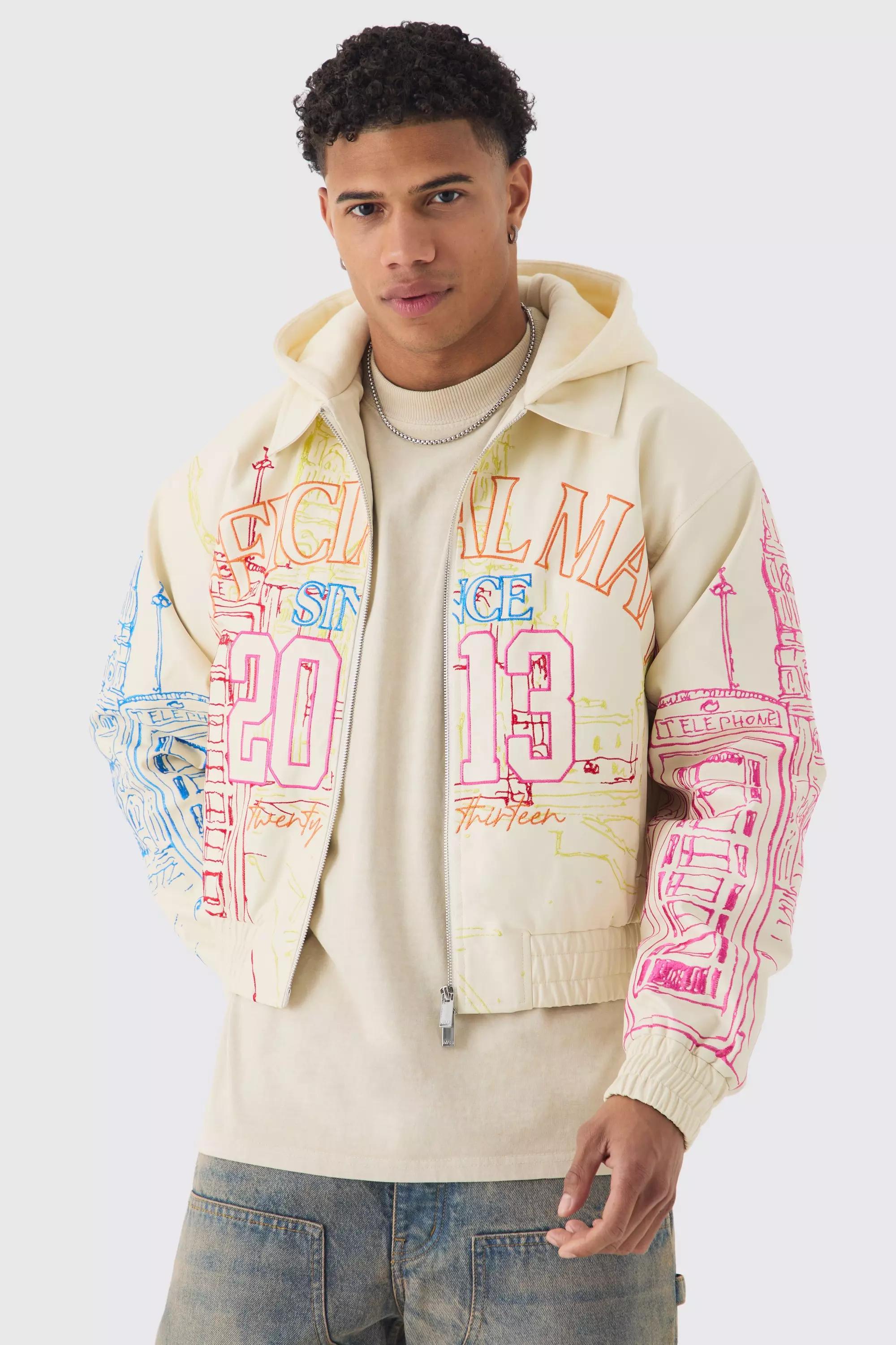 Official Man Boxy Hooded Embroidered PU Bomber Jacket Ecru