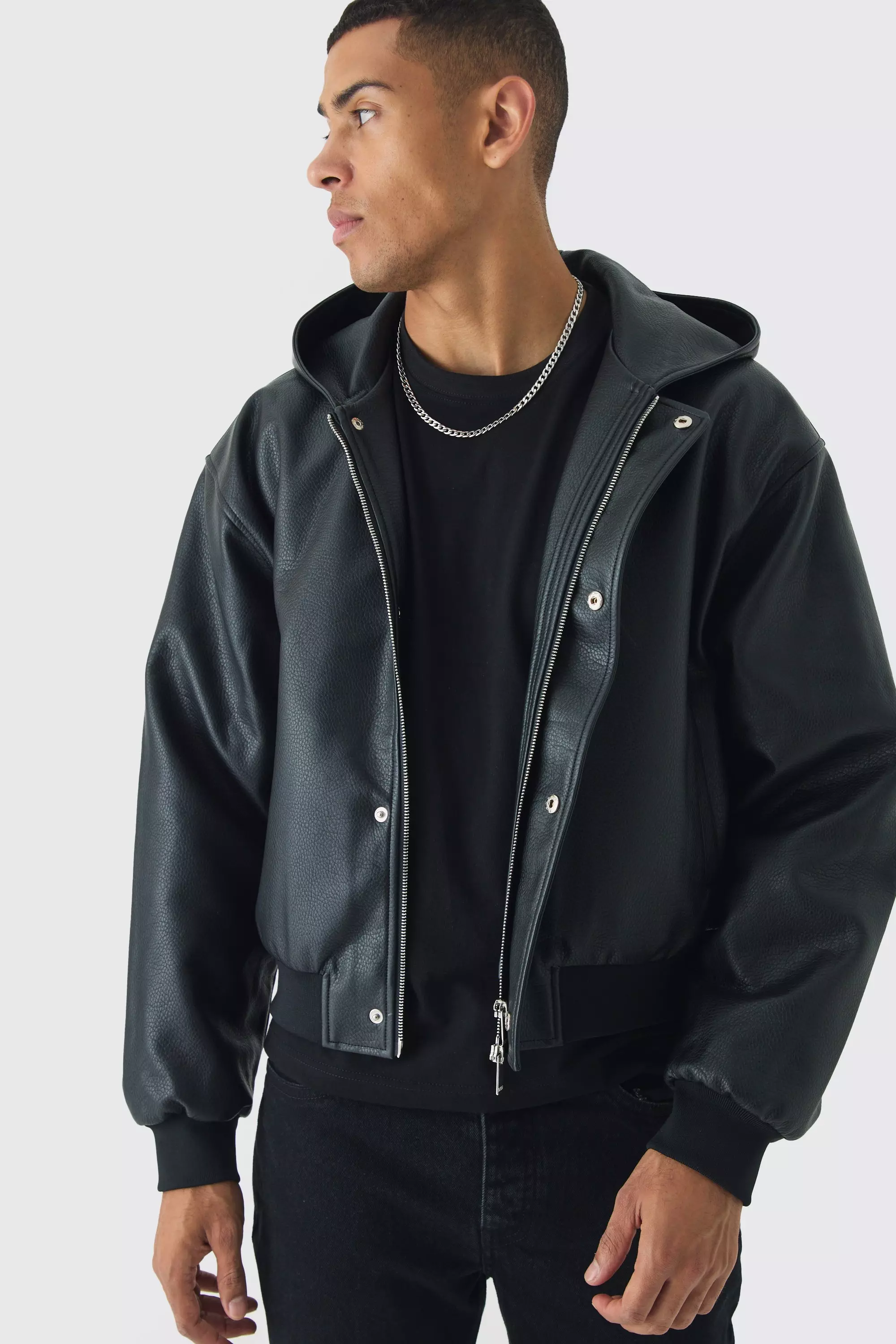 Boxy Hooded PU Bomber Jacket In Black Black