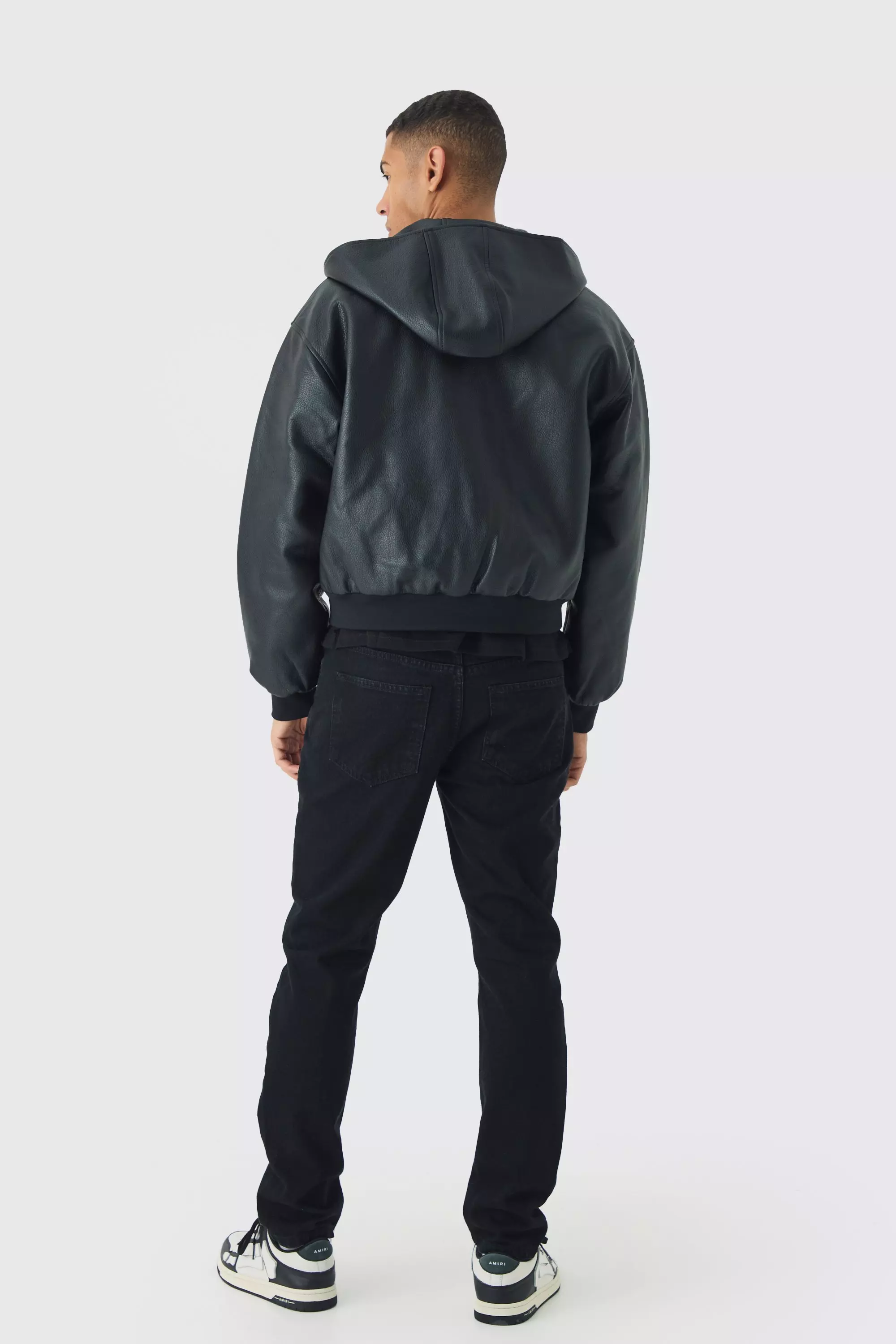 Boxy Hooded PU Bomber Jacket In Black | boohooMAN USA