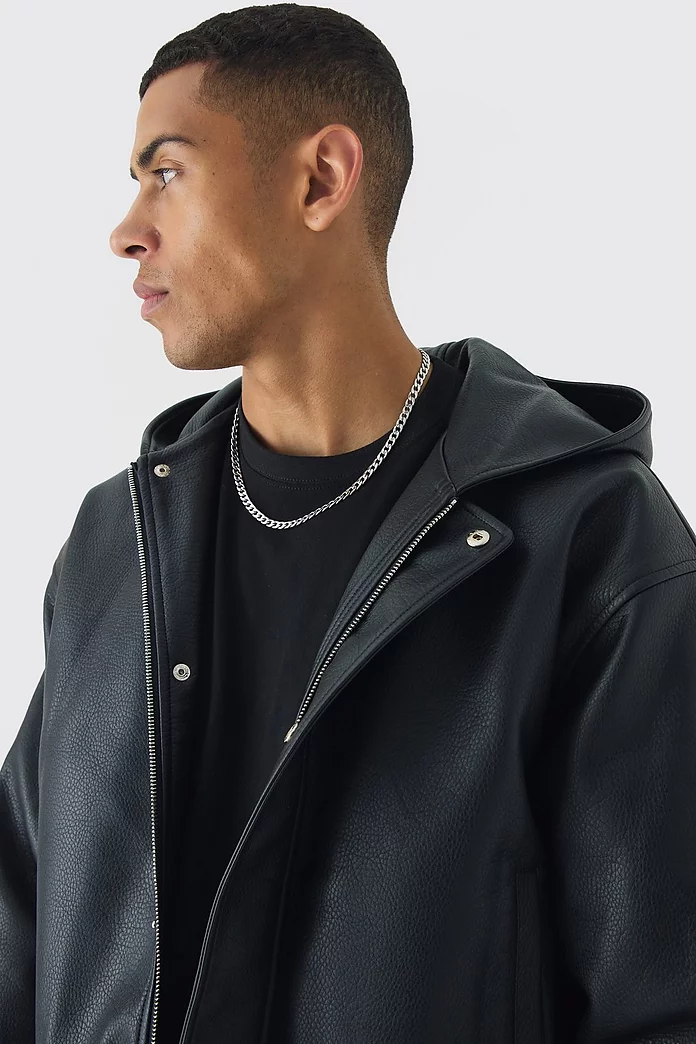Boxy Hooded PU Bomber Jacket In Black | boohooMAN USA Boxy Hooded PU Bomber Jacket In Black | boohooMAN USA