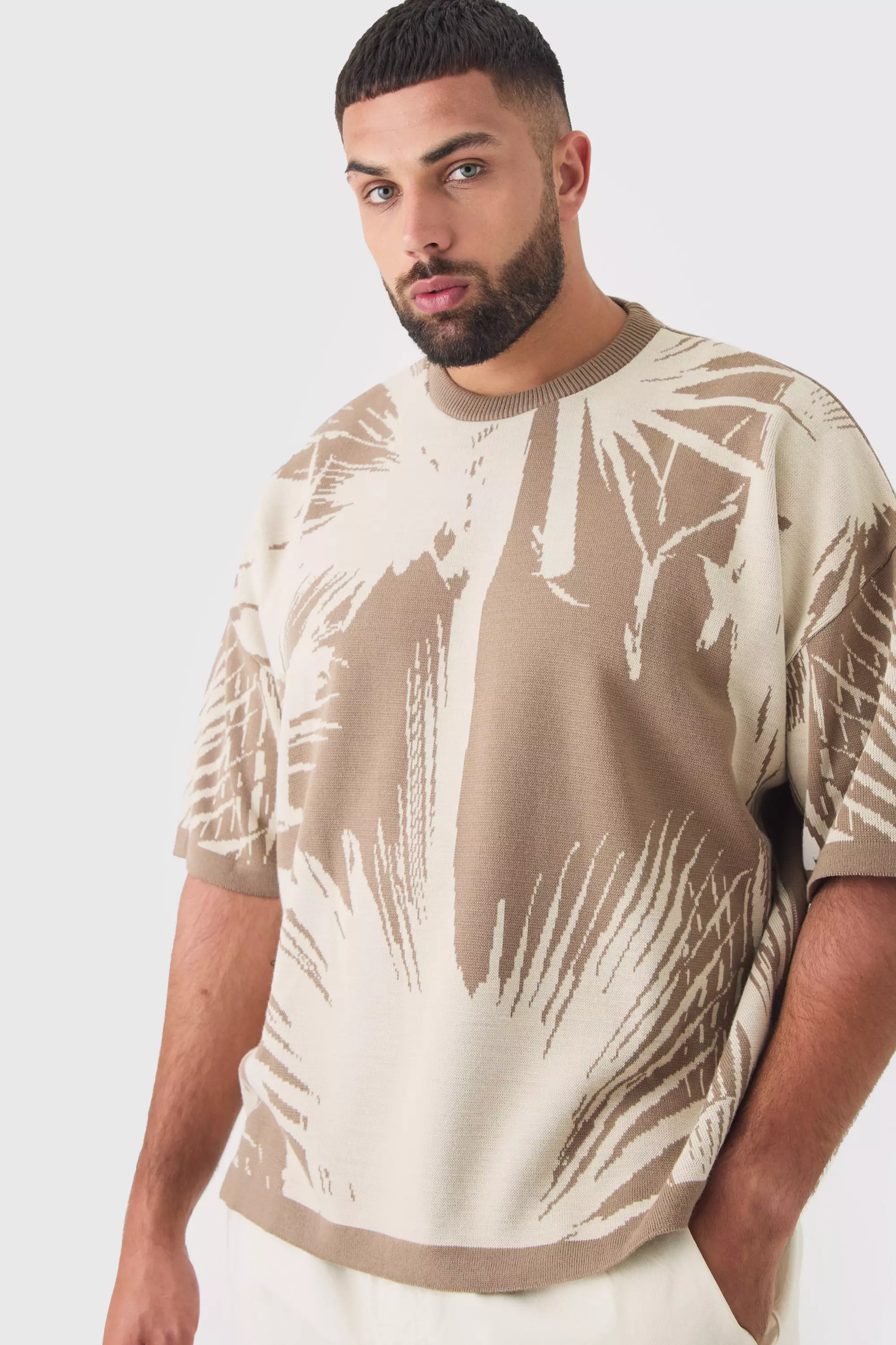 Plus Oversized Tonal Abstract Drawing Knitted T-shirt Taupe