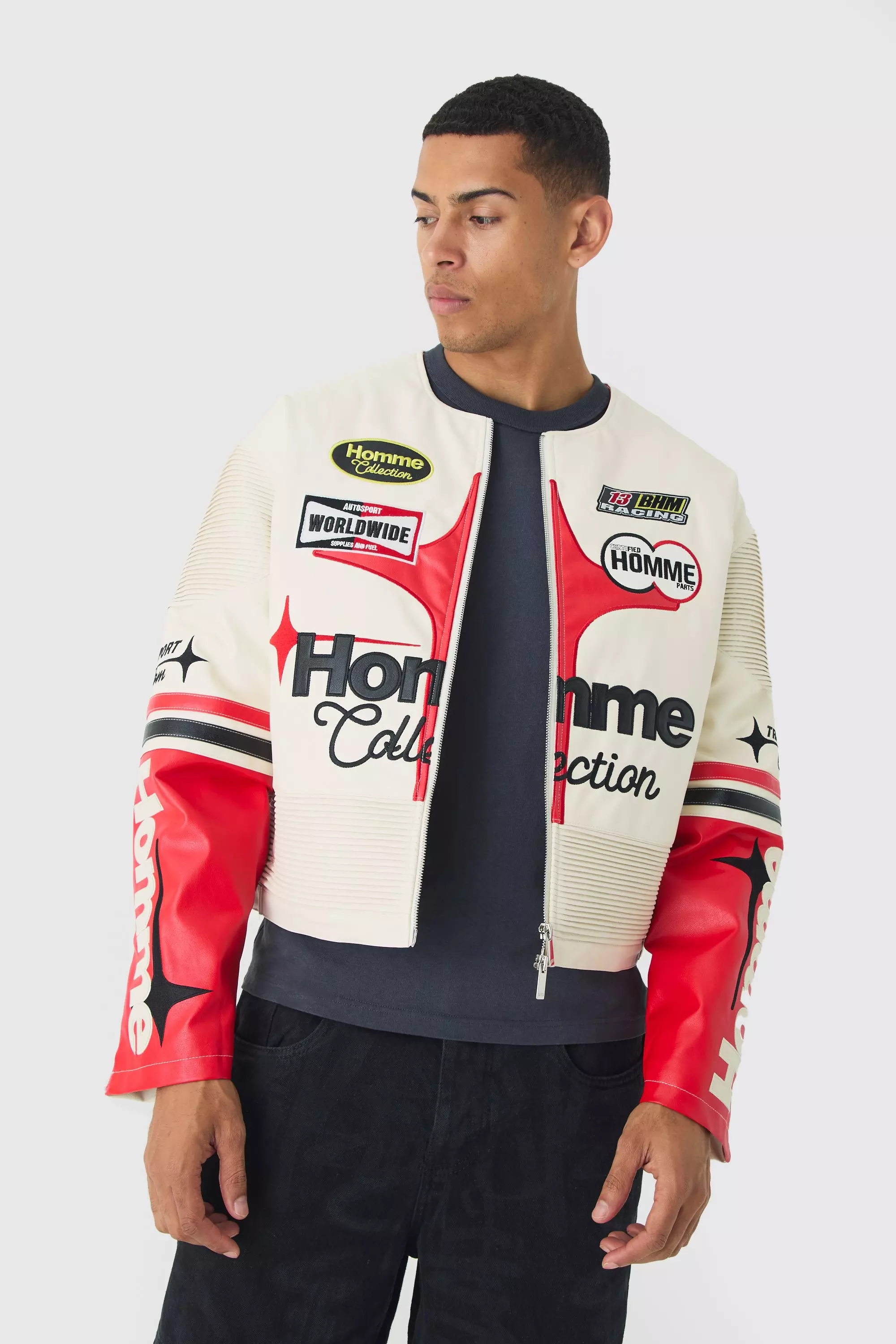 Kastige kragenlose Homme PU Moto-Jacke in Ecru alternatives Bild