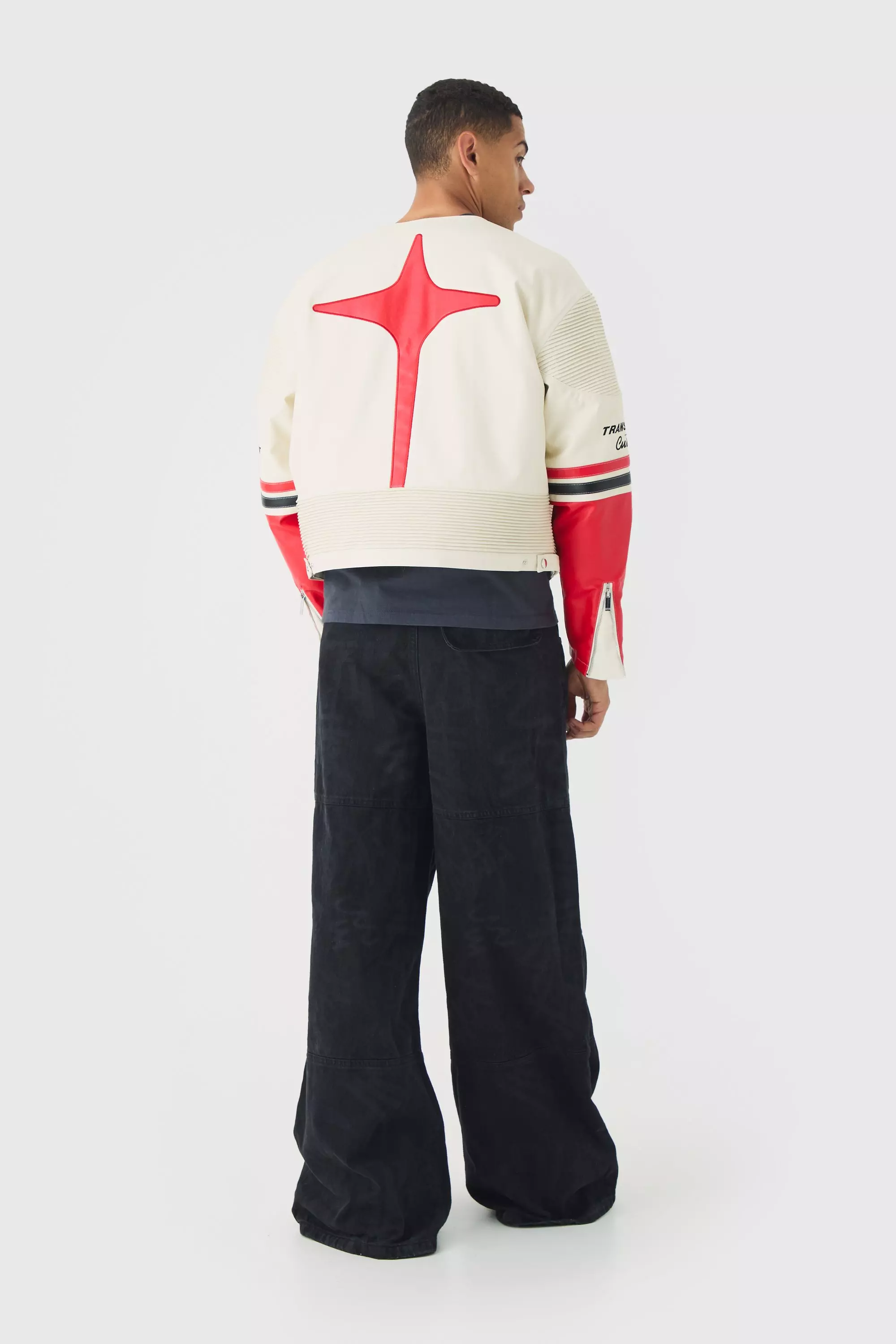 Boxy Collarless Homme PU Moto Jacket In Ecru alternative image