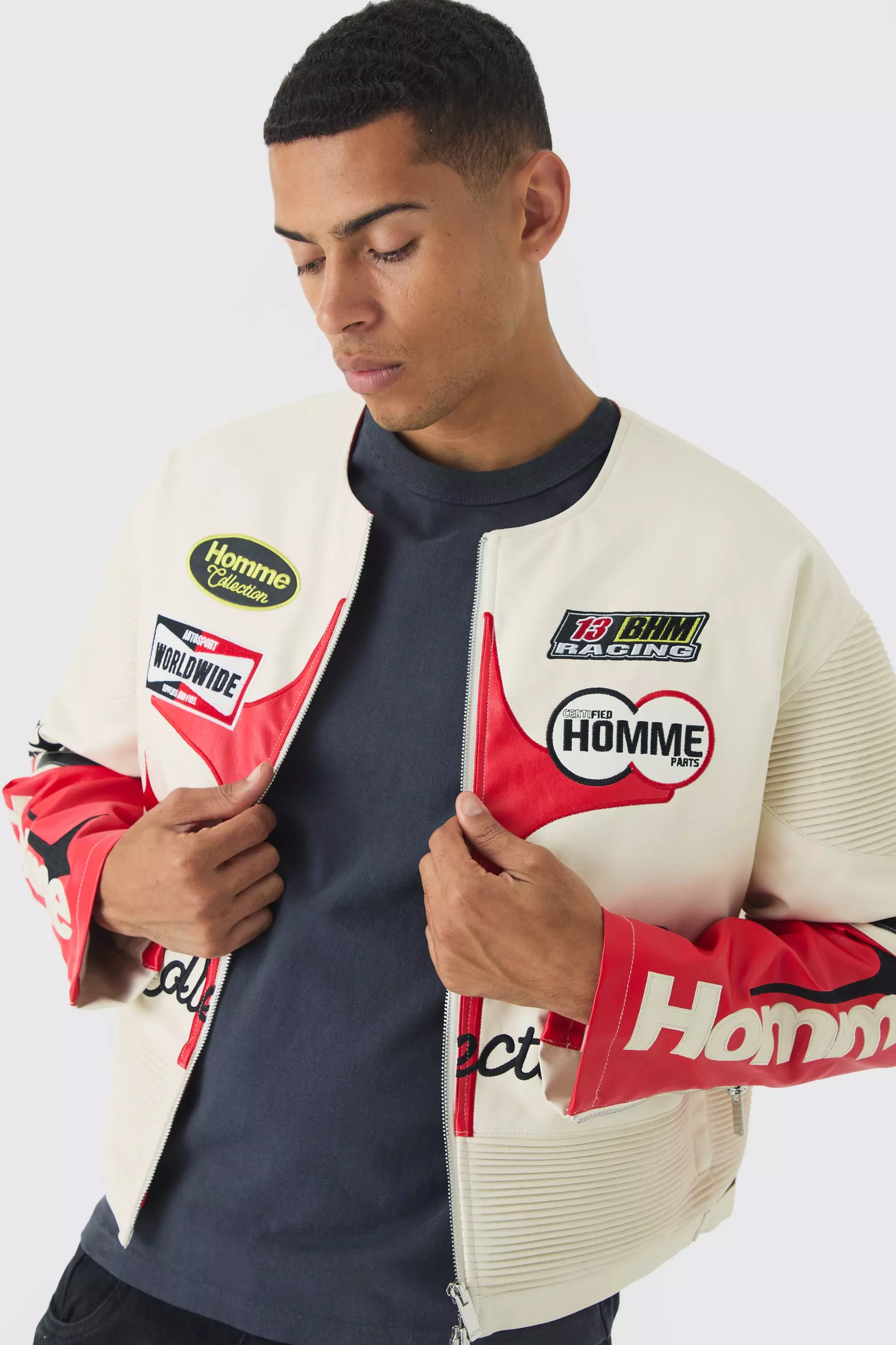 Boxy Collarless Homme PU Moto Jacket In Ecru alternative image