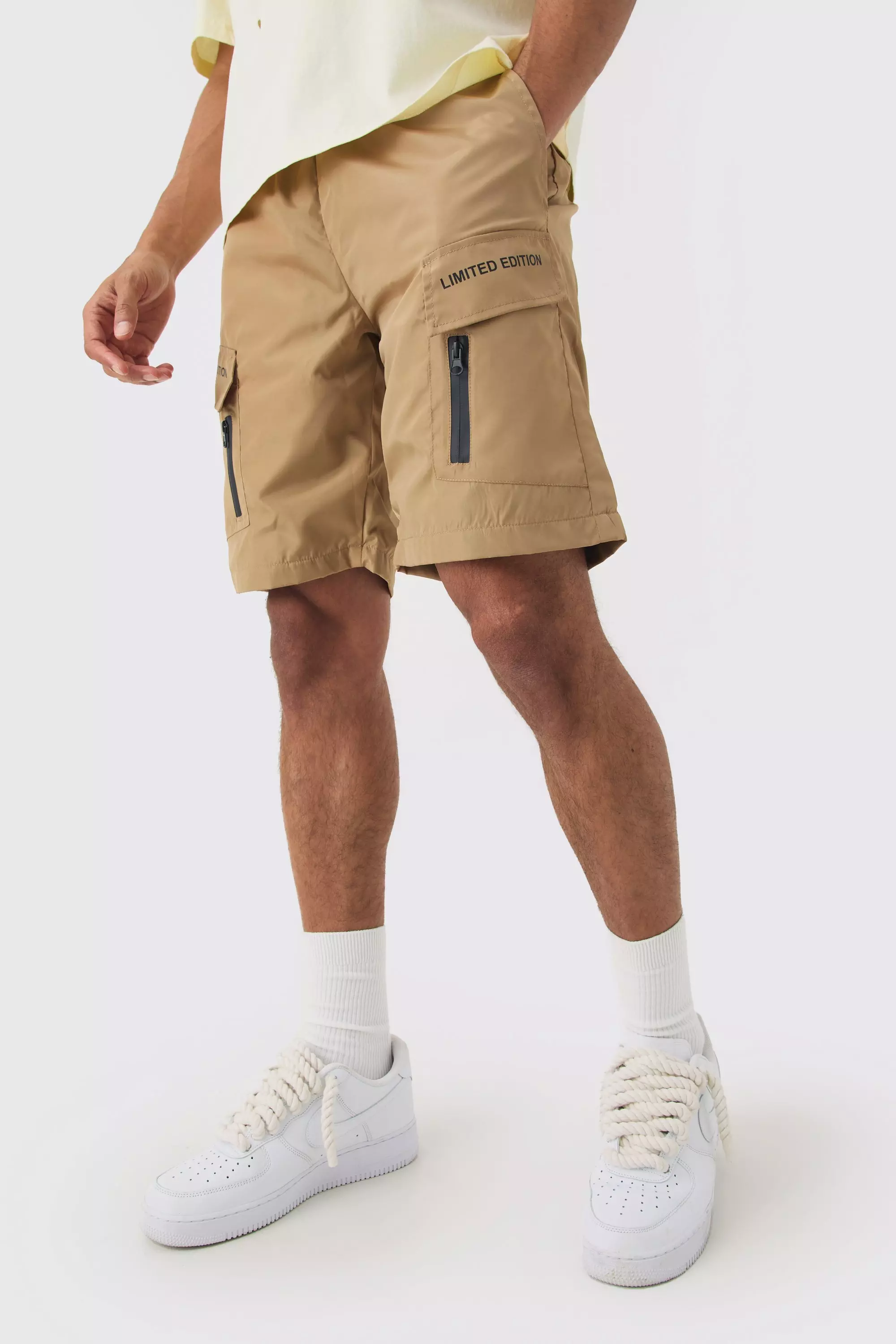 Brown Limited Edition Nylon Elastic Waist Cargo Shorts