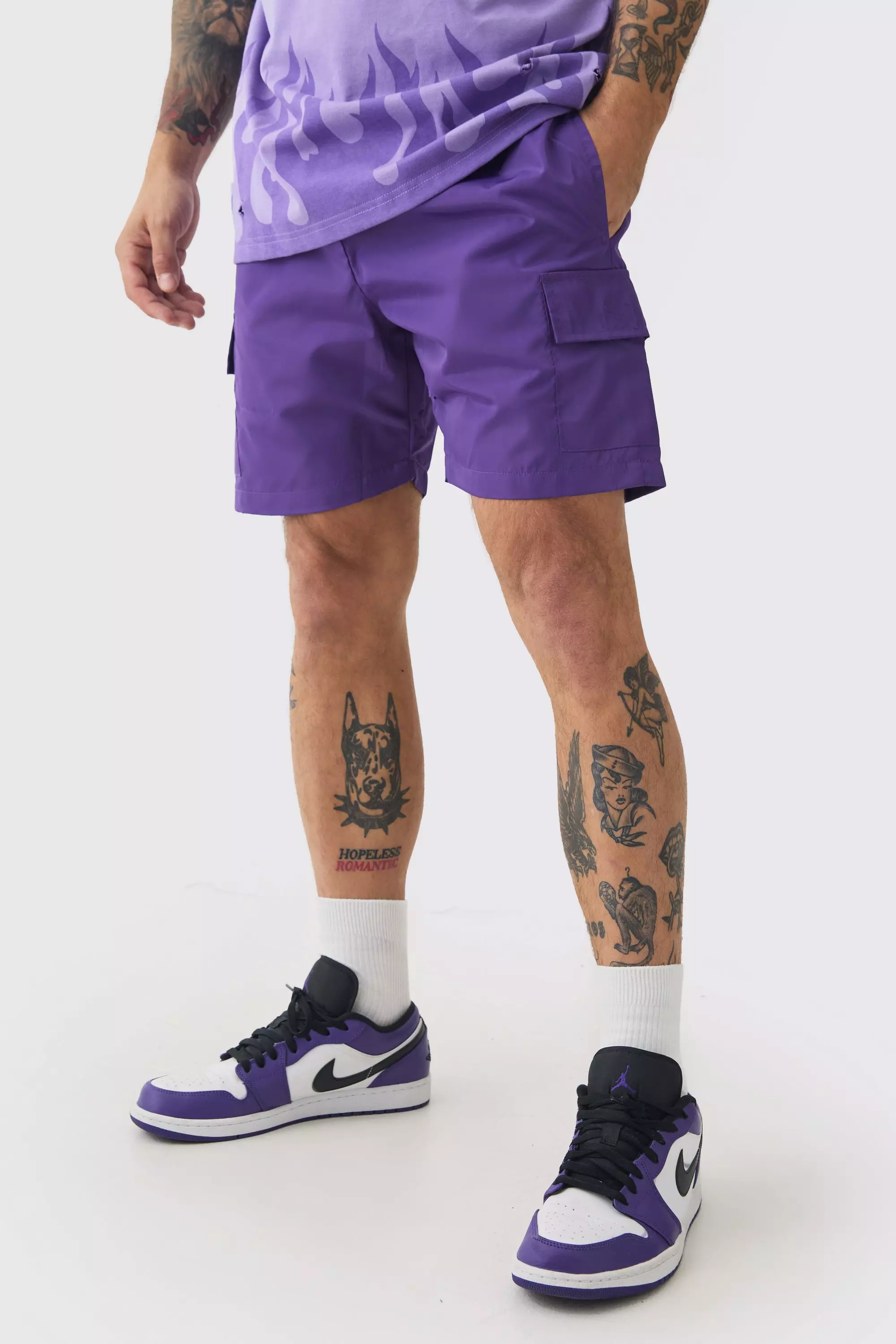 Purple Nylon Elasticated Waist Cargo Shorts boohooMAN