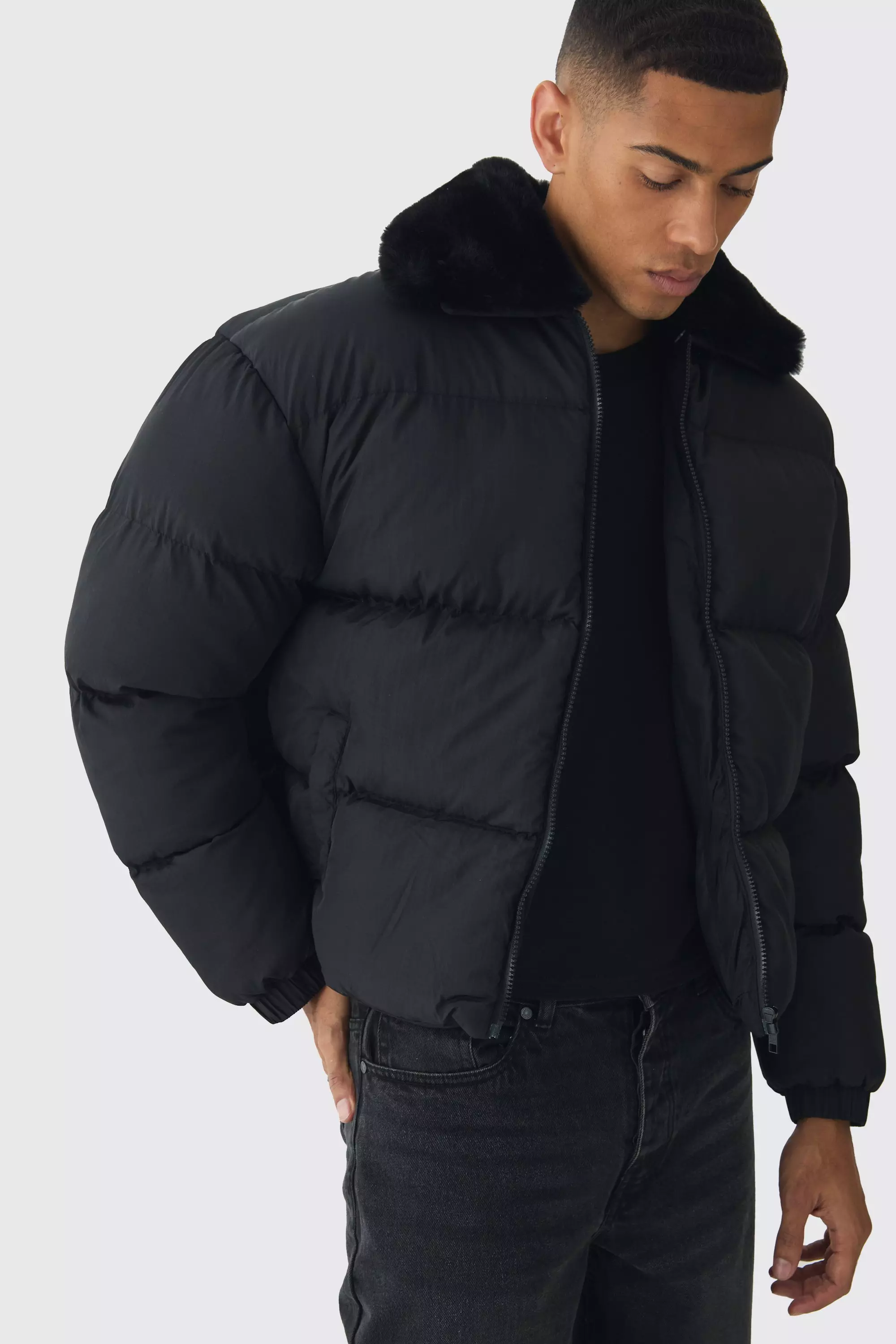 Boxy Faux Fur Collar Puffer Jacket In Black alternative image