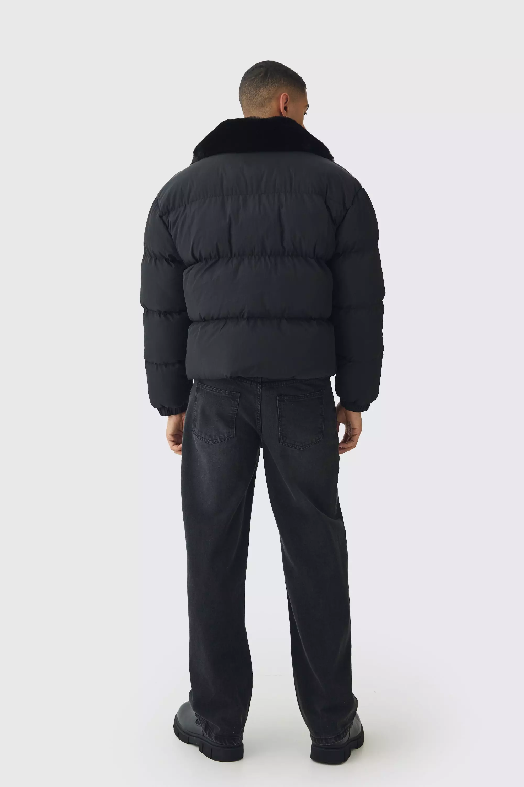 Boxy Faux Fur Collar Puffer Jacket In Black alternative image