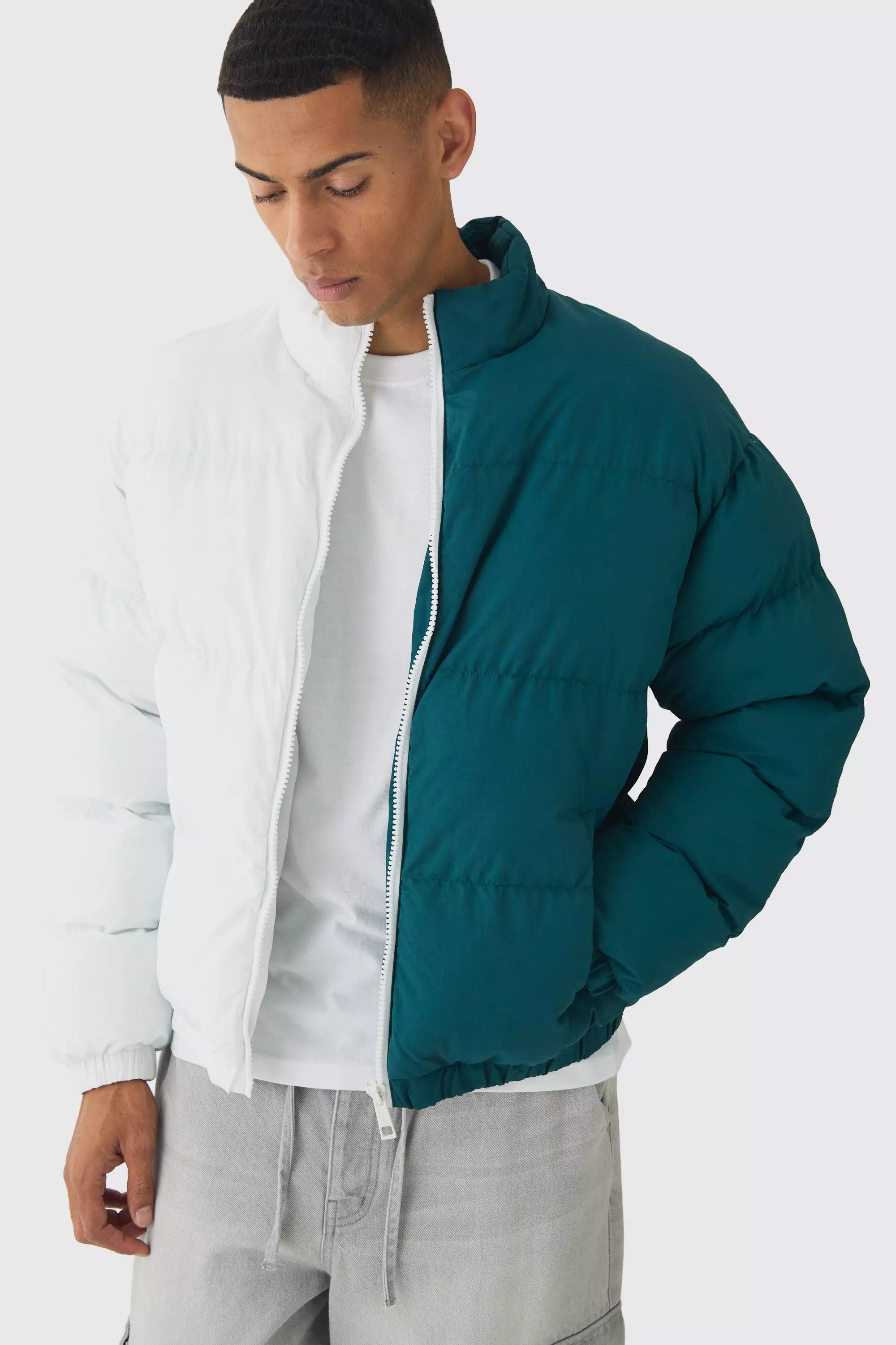 Half And Half Funnel Neck Puffer Jacket In Green alternative image