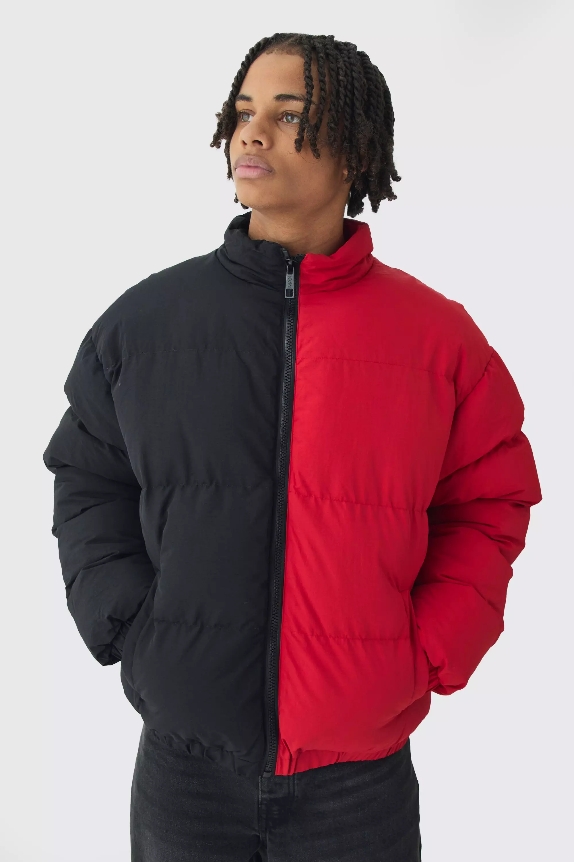 Half And Half Funnel Neck Puffer Jacket In Red alternative image