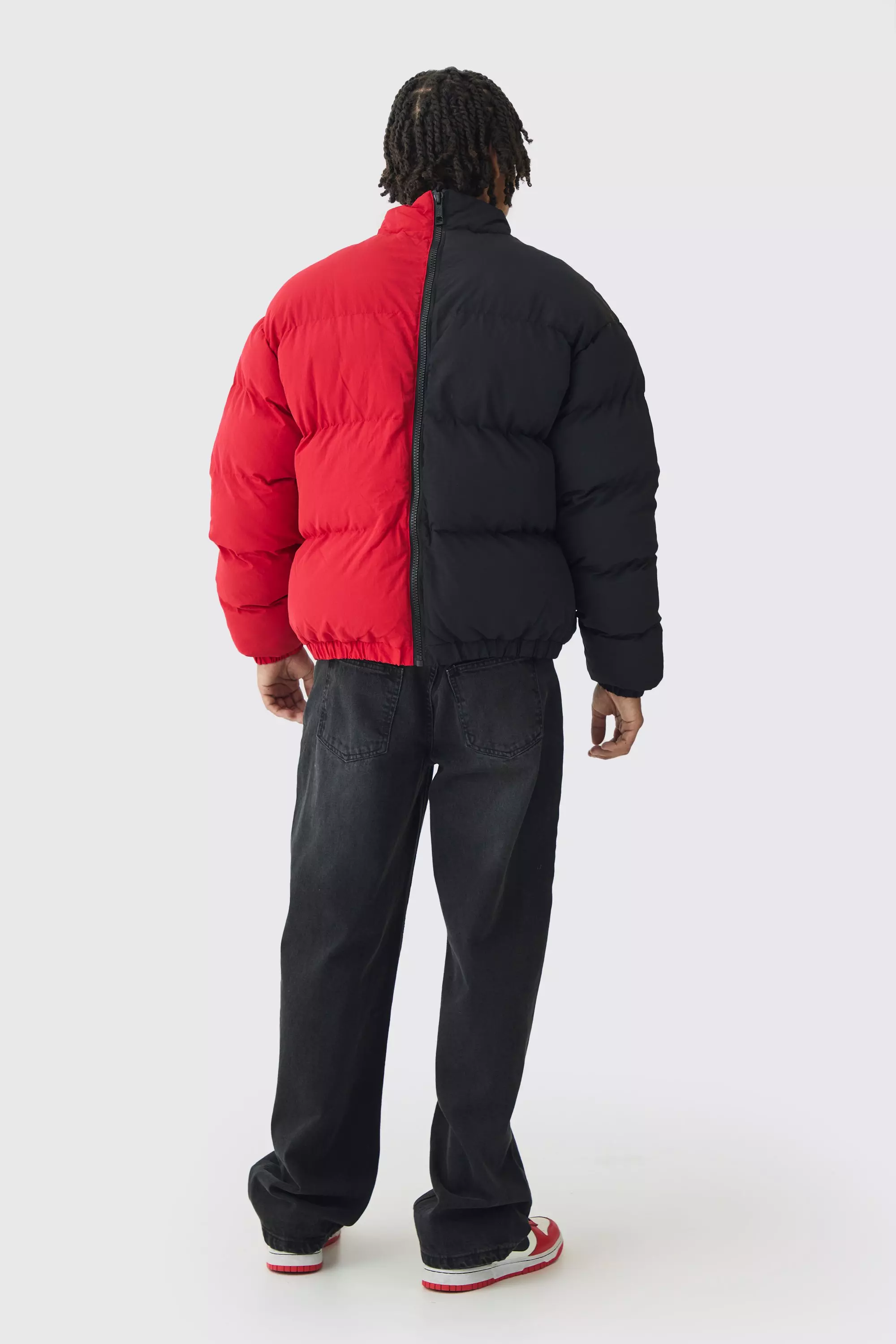 Half And Half Funnel Neck Puffer Jacket In Red alternative image