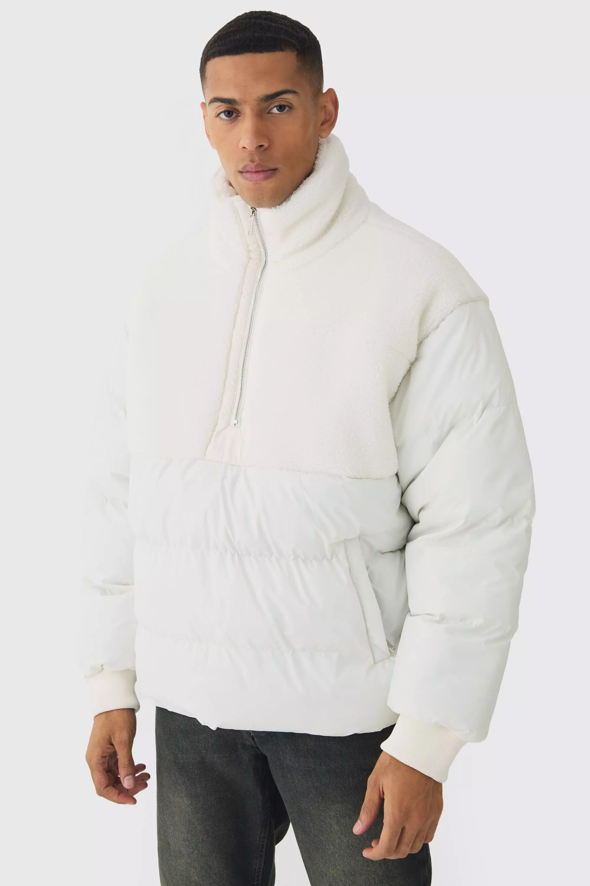 White Half Zip Borg And Nylon Funnel Neck Puffer Jacket In Ecru