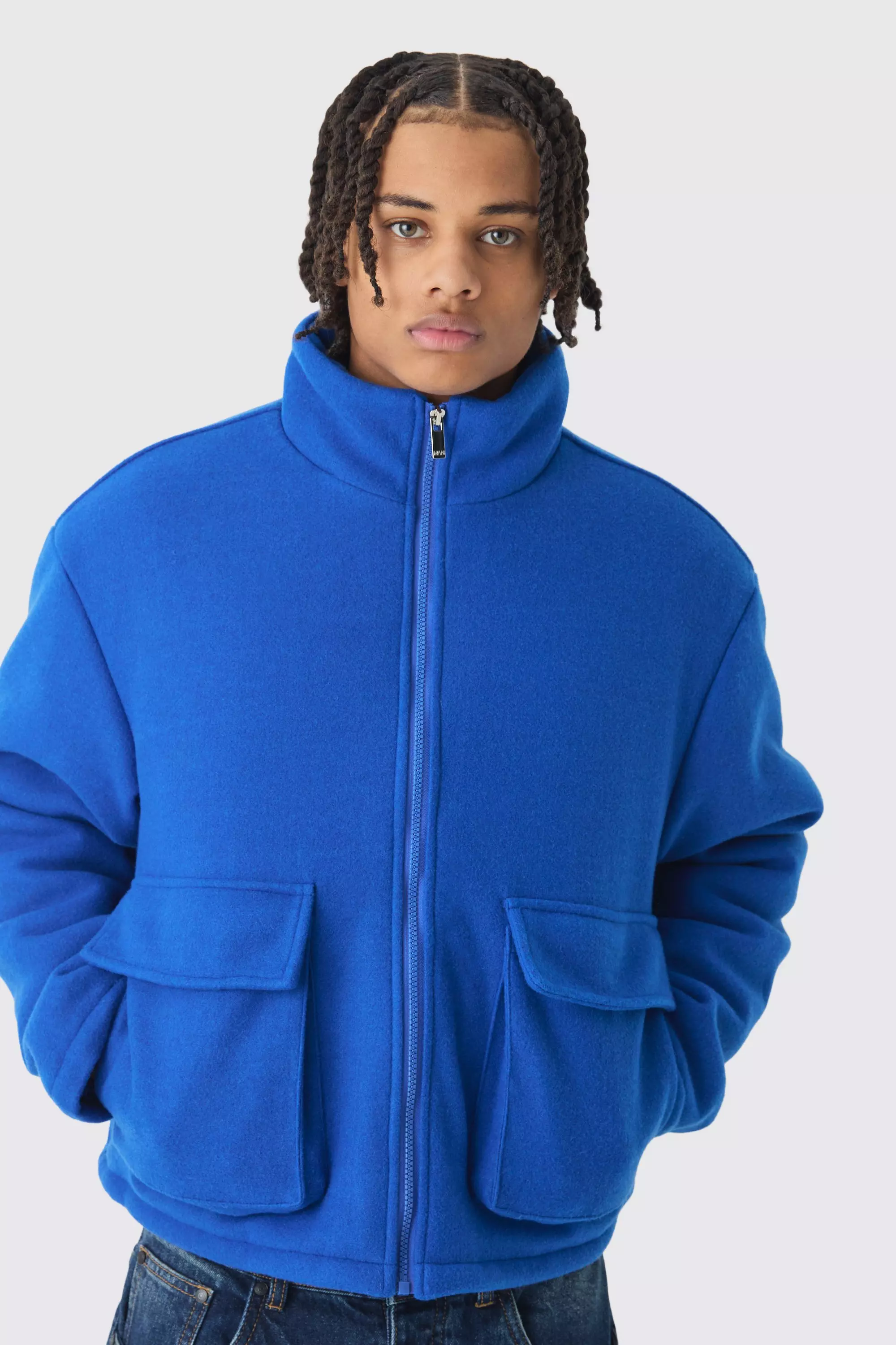 Boxy Melton Funnel Neck Puffer Jacket In Blue Blue