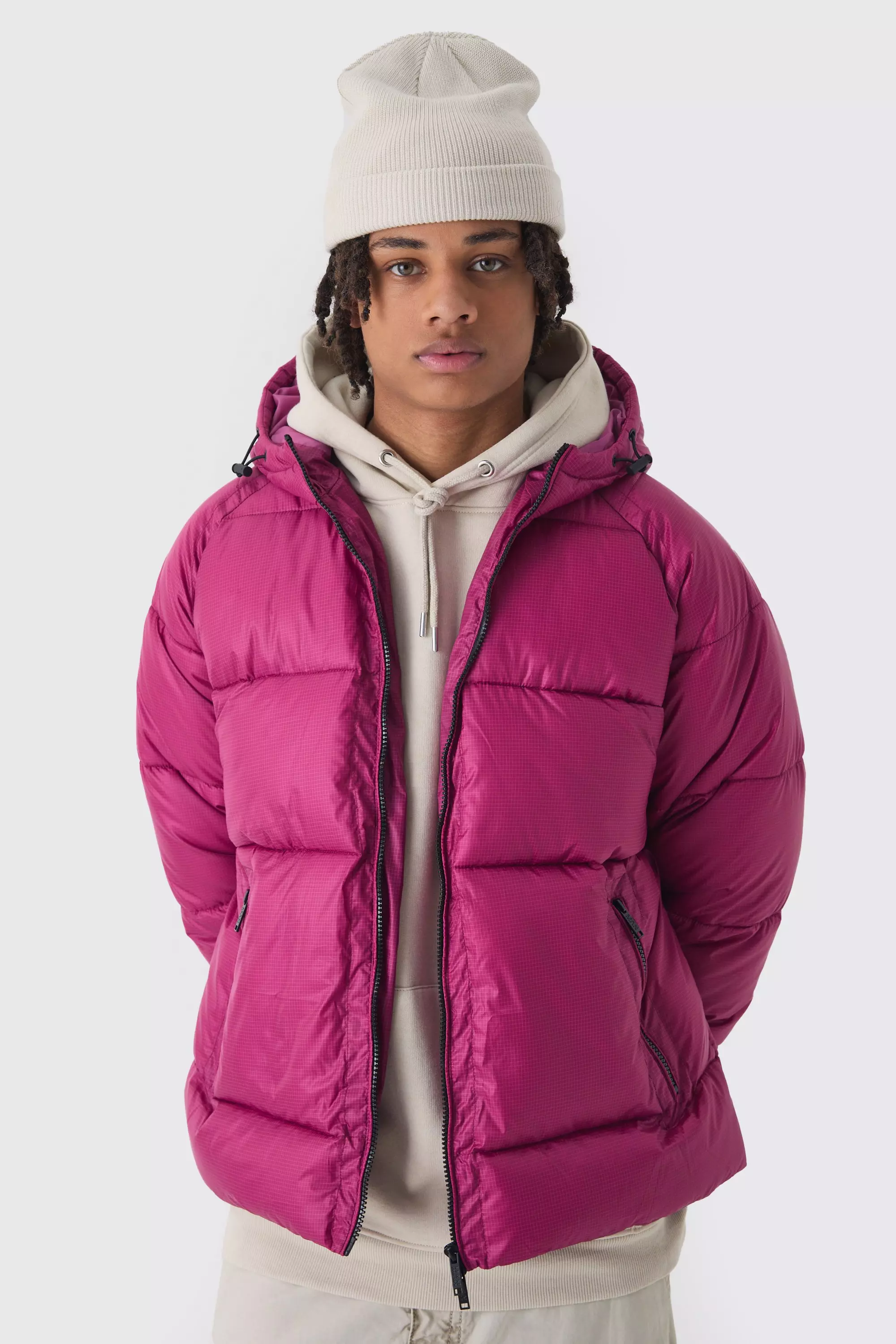 Pink hooded puffer jacket hotsell
