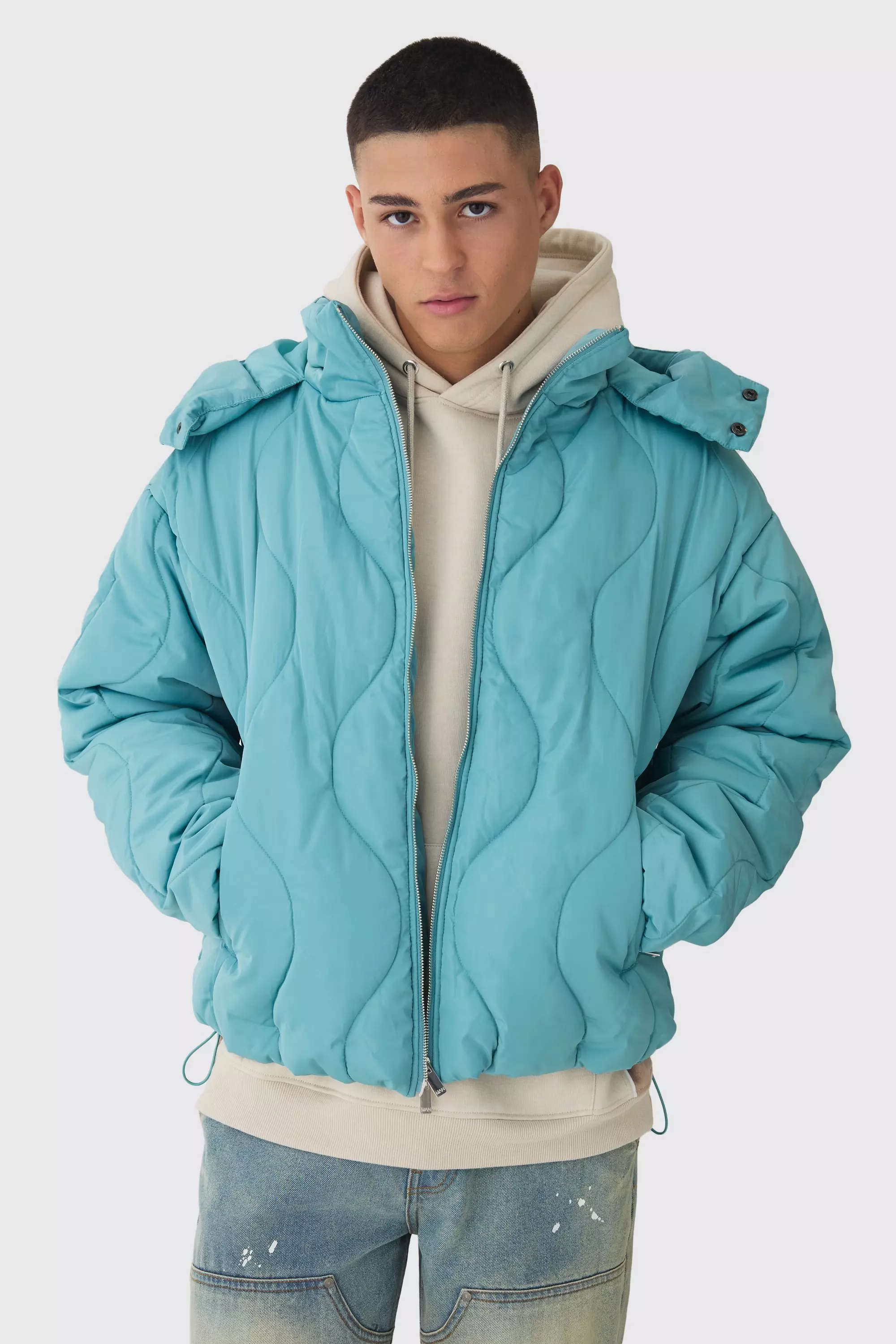 Wavy Quilted Hooded Puffer Jacket In Mint Mint