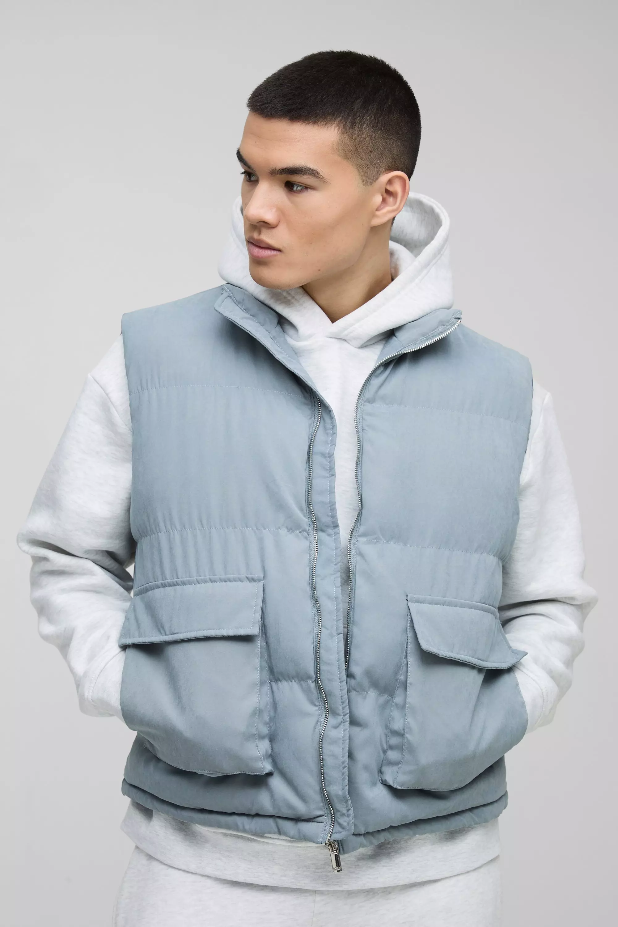Dusty blue Boxy Faux Suede Funnel Neck Gilet In Blue alternative image