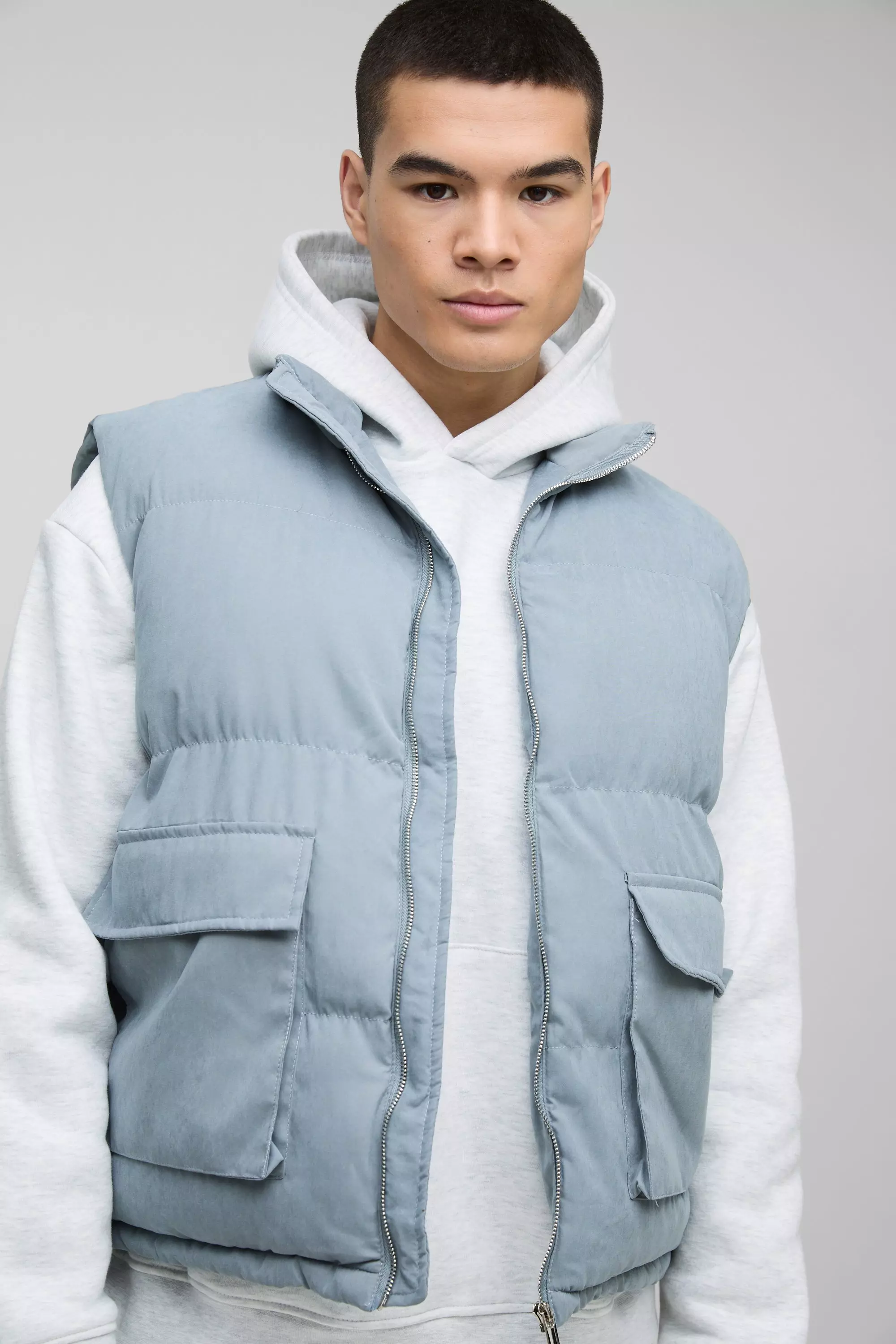 Dusty blue Boxy Faux Suede Funnel Neck Gilet In Blue alternative image
